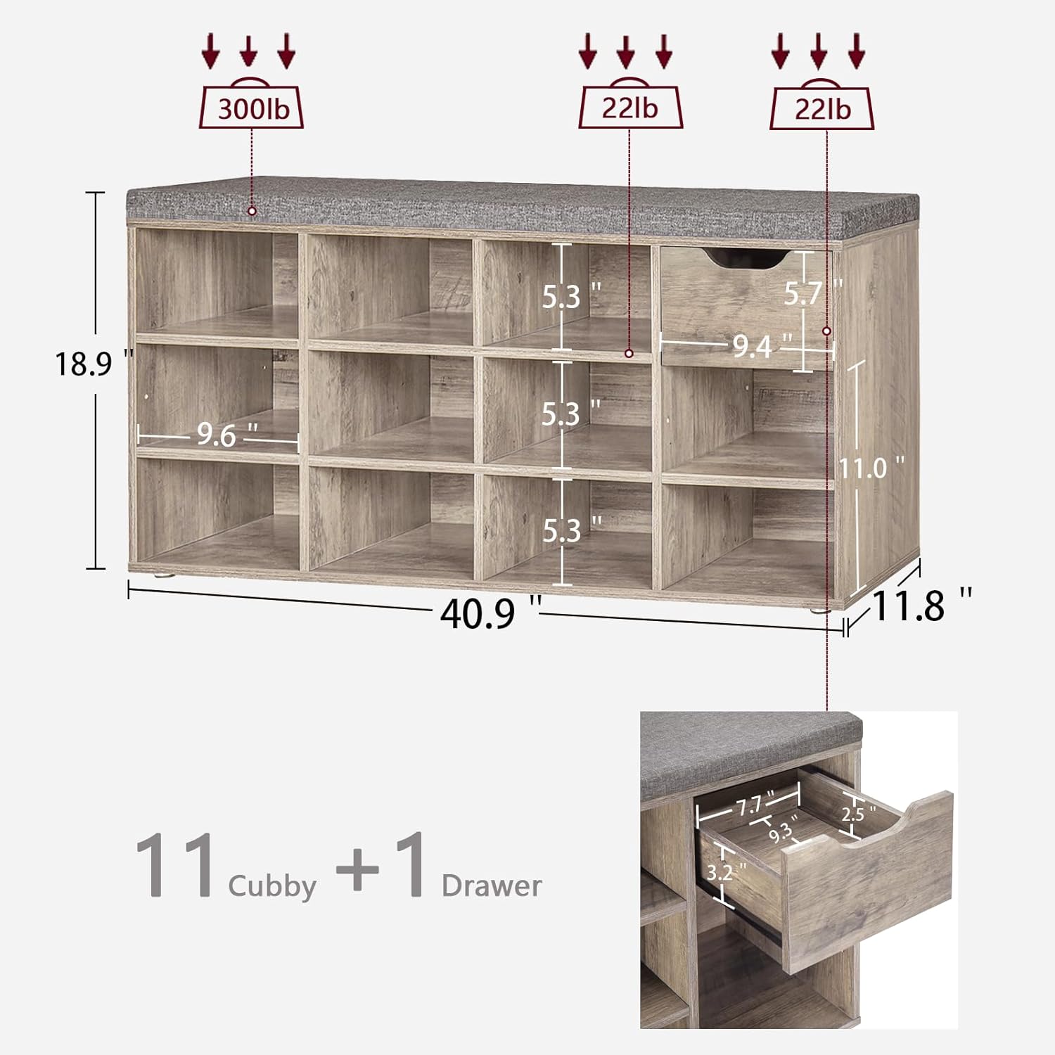 Condition photo showing New/Like New for dinzi lvj shoe bench, entryway storage bench with drawer and 11 cubbies, cubby shoe rack with adjustable shelves, organizer cabinet for living room, bedroom, mudroom, closet and garage, greige 11 cubbies greige