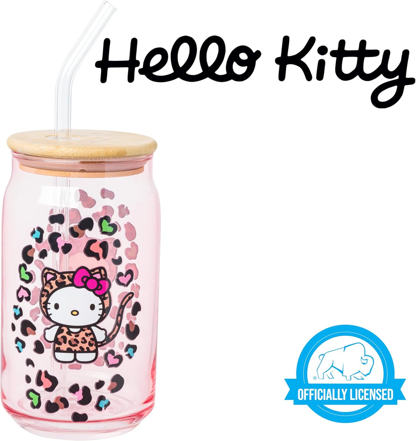 Silver Buffalo Sanrio Hello Kitty in Leopard Print Outfit and Leopard Cat Print Pattern Pink Glass Jar Tumbler with Bamboo Lid and Glass Straw, 16 Ounces - Image 7