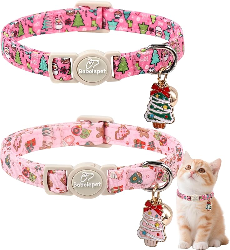 Coleira Ajustável para Gatos com Fivela de Segurança, Sino e Pingente Natalino Babole Pet — Pacote com 2