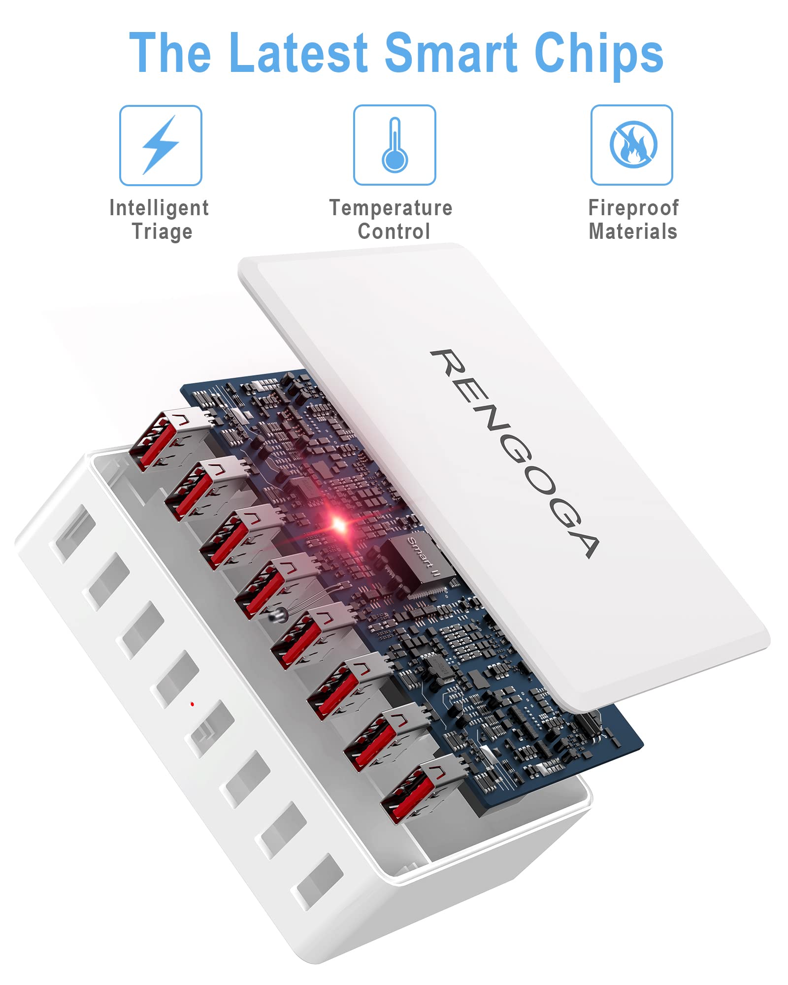 RENGOGA Caricatore USB Multiplo, 50W 8-Port Stazione di Ricarica USB Multipla 5V/10A Caricabatterie USB, Carica Rapida Alimentatore per iPhone iPad Samsung Galaxy Pixel Huawei Xiaomi-Bianco