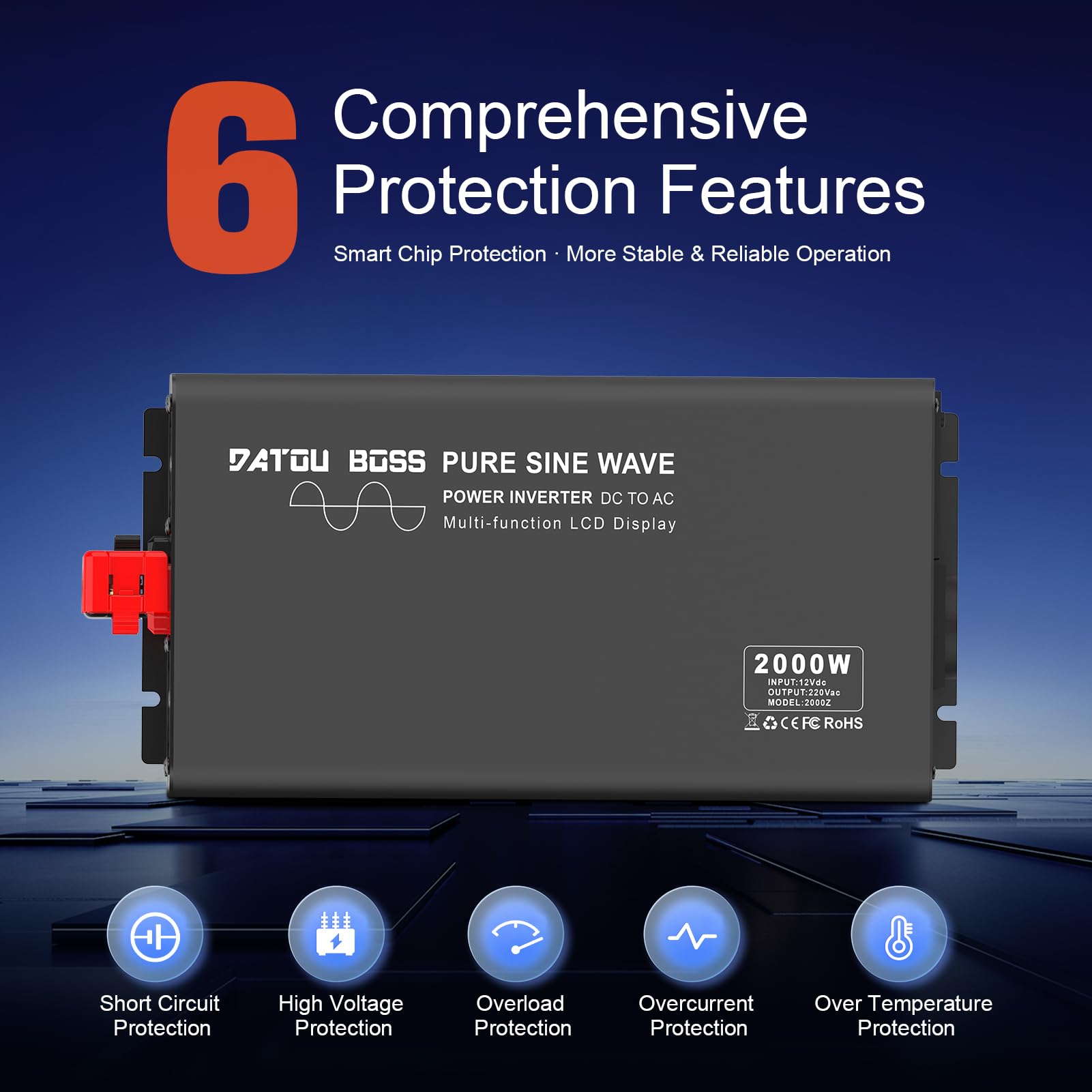 DATOUBOSS 2000W/4000W Inversor 12V 220V Onda Pura, inversor 12v a 220v Convertidor Onda con Control Remoto Inalámbrico, 1 AC Tomas，Pantalla Digital, Adecuado para Coches, Caravanas, Barcos y Acampada