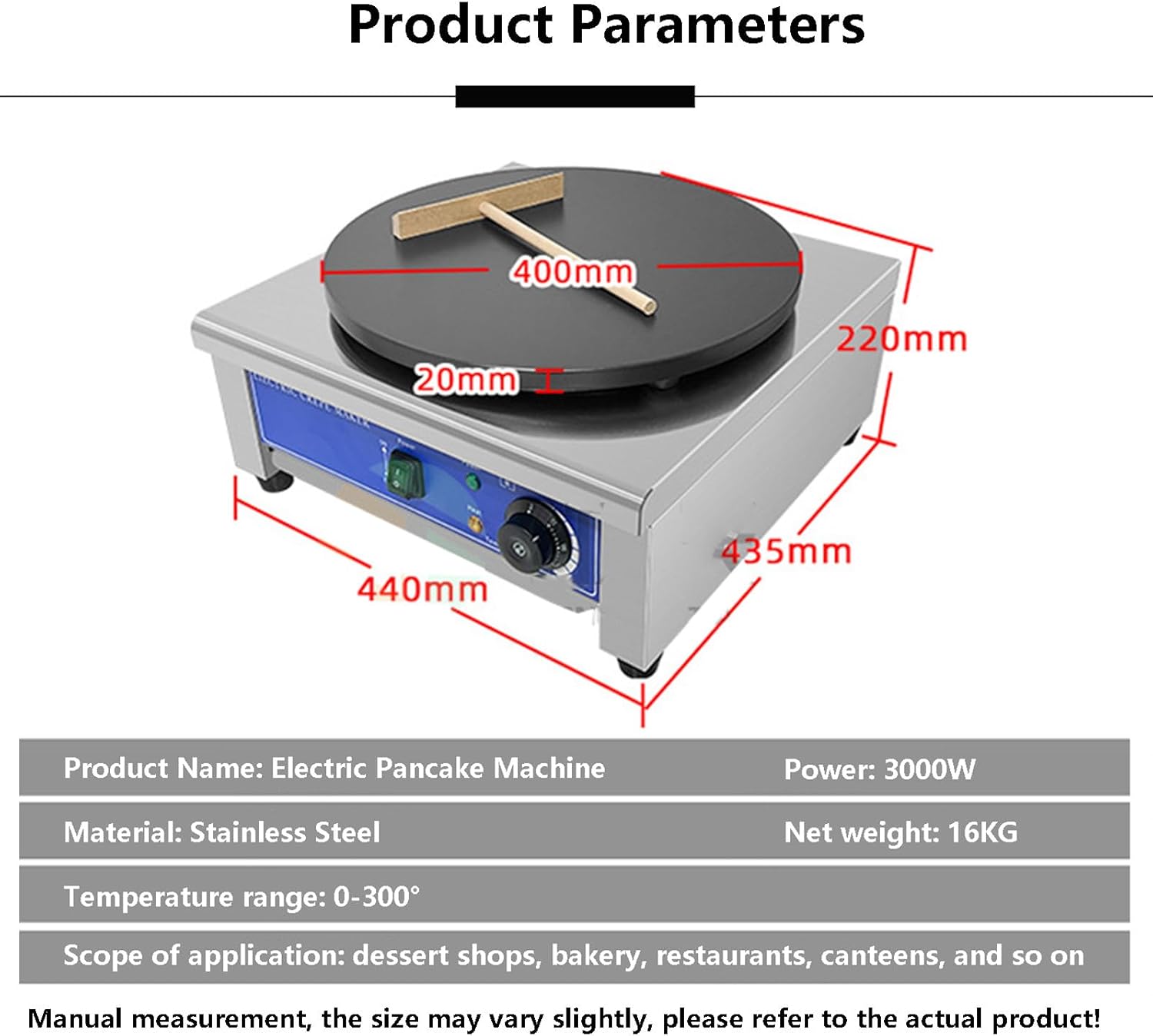 Non-Stick Pancake Baking Machine 50-300℃/Electric Frying Pan 3000W Pancake Maker Griddle with 15.7"/40CM Flat Plate/Commercial Pizza Machine,