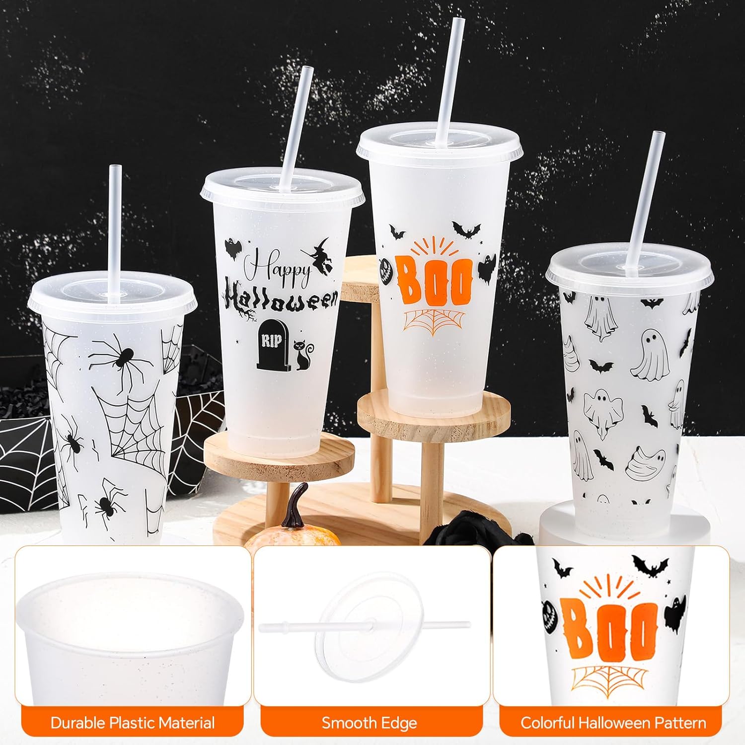12 Pcs Halloween Cups with Lids and Straws 24 oz Plastic Glitter Halloween Tumbler Bulk Reusable Cups Water Bottle for Adults Cold Drink Iced Coffee Party Favors Supplies - Image 3