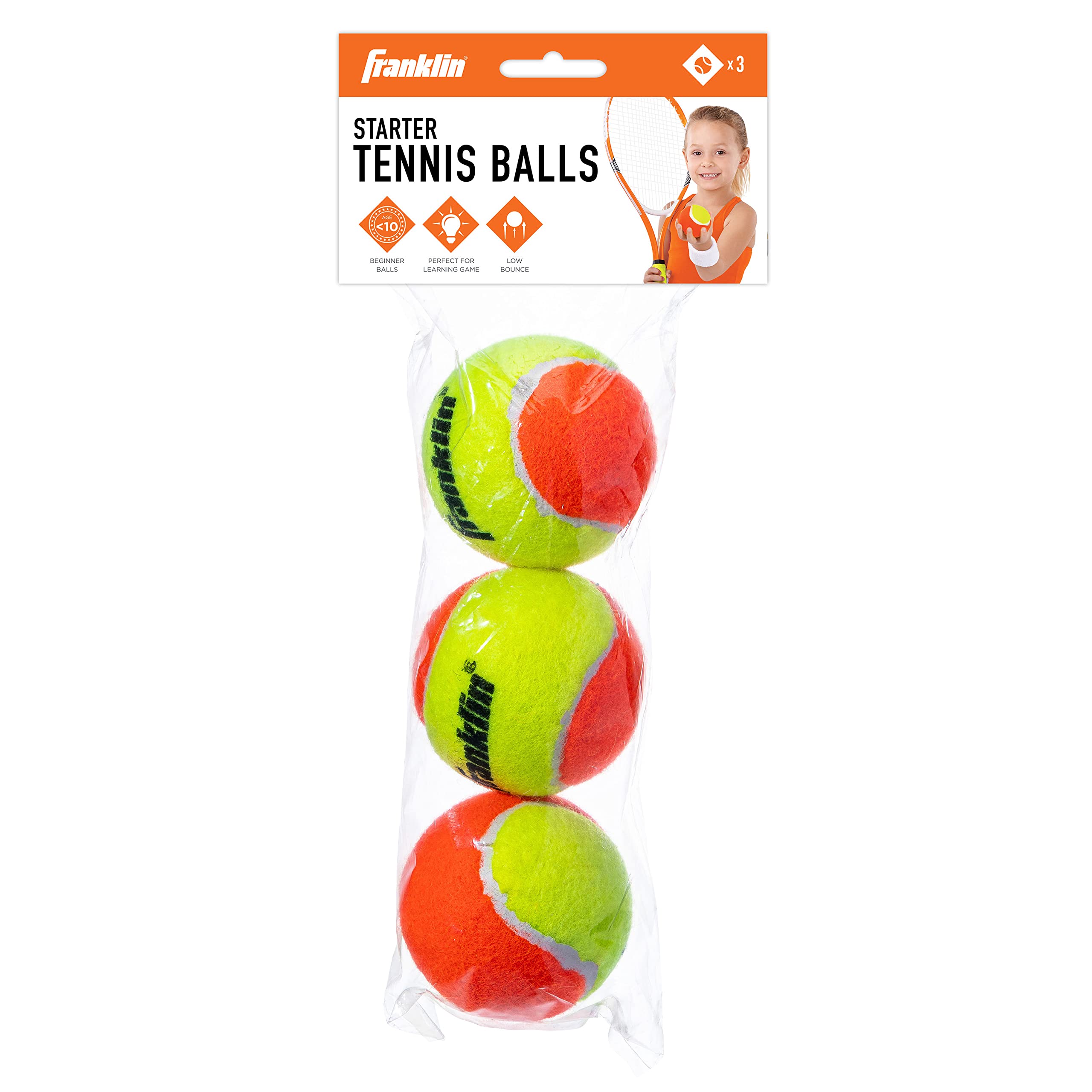 Franklin Sports Pressureless Tennis Balls - Official Size Low Pressure Tennis Balls - Great for Training + Practice - 3 Pack Can of Low Bounce Tennis Balls - All Court Surface Balls - Orange