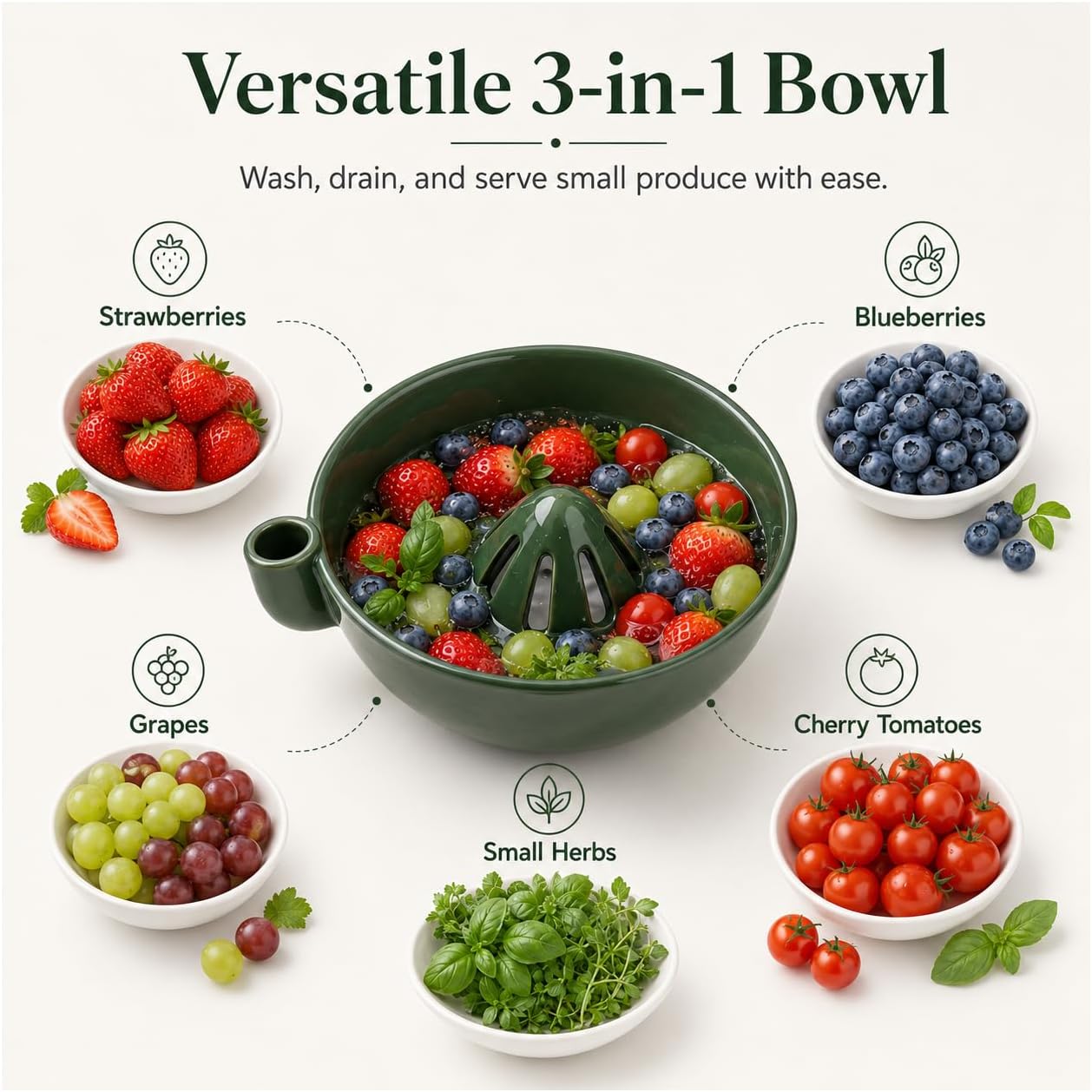 BlinBlin Pottery Berry Bowl – Ceramic Self Rinsing Berry Bowl, Self-Spinning 360 Washer for Blueberries & Small Berries, Handmade Colander with Built-in Drain Holes,Small Berries & Produce