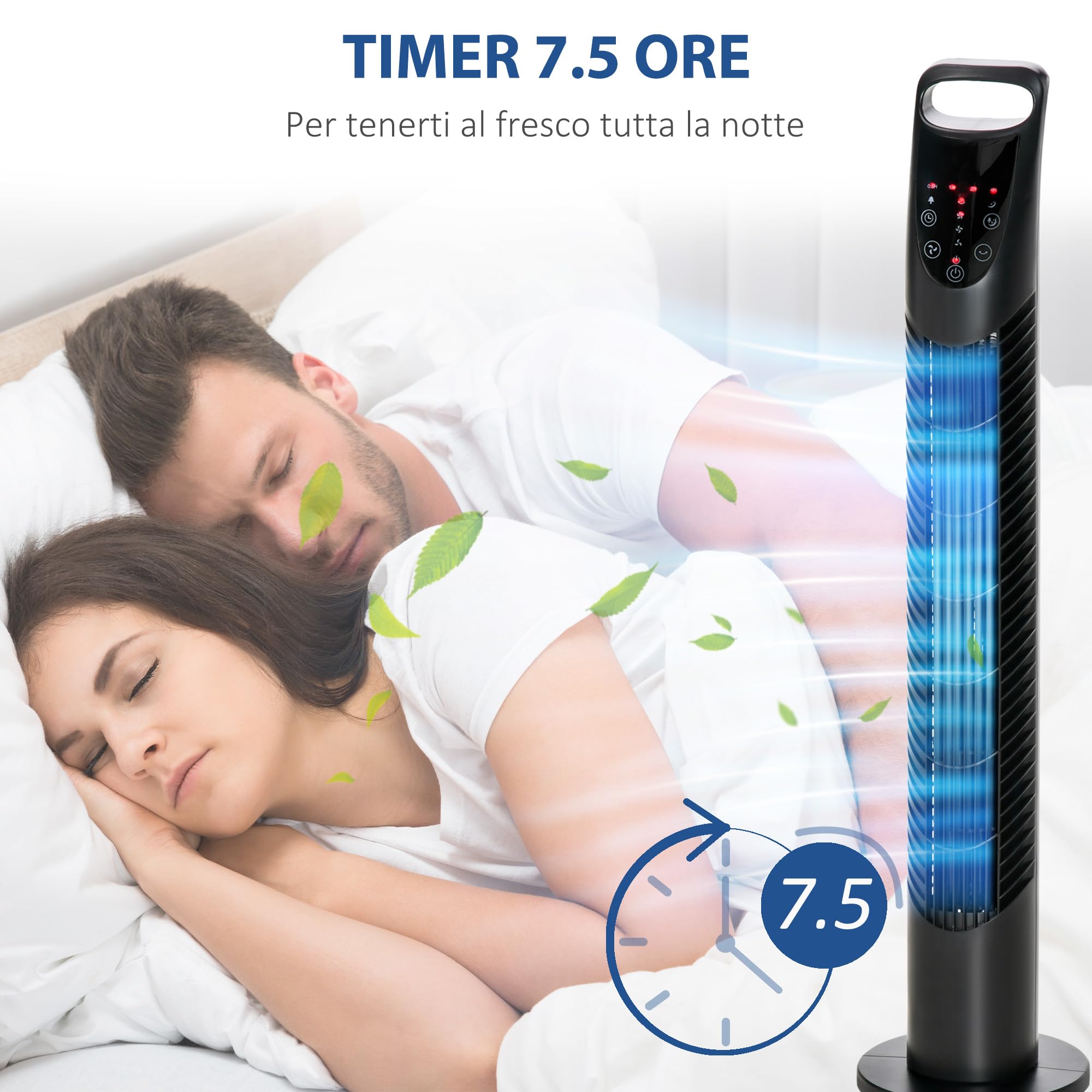 HOMCOM Ventilatore a Torre 40W con 3 Modalità e 3 Velocità, Ventilatore a Colonna Oscillante 70°, Timer 7.5h, con Telecomando fino a 5m, Ф18x78.5cm, Nero
