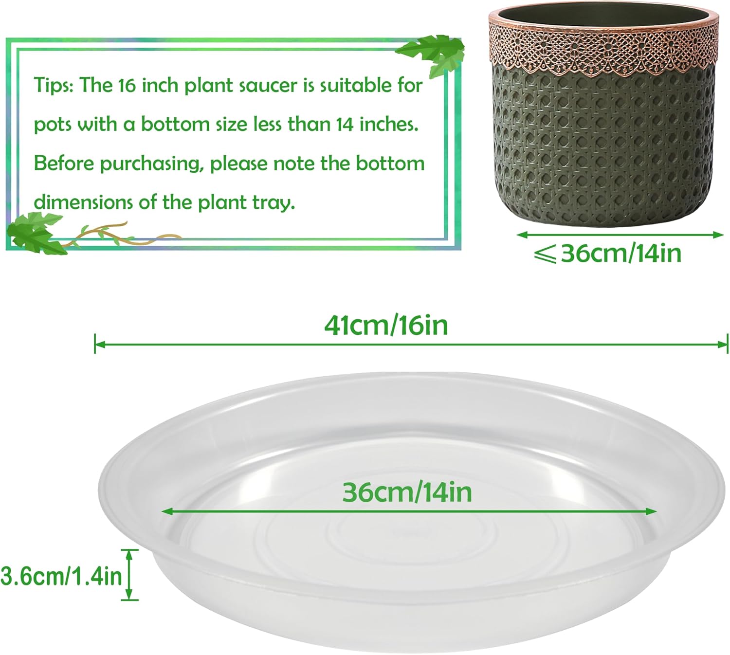 4 pack 16 inch round plant saucers for less 14 inch pot indoors outdoors plant trays for pots planter saucer plastic drip tray planter water tray (clear, 16"(4pcs)) 16"(4pcs) clear
