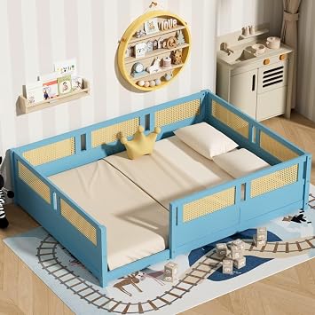 LLS Full Size Floor Bed with PE Rattan High Fence, Wood Montessori Bed Frame with Slats for Children Girls Boys, Sky