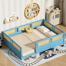 LLS Full Size Floor Bed with PE Rattan High Fence, Wood Montessori Bed Frame with Slats for Children Girls Boys, Sky