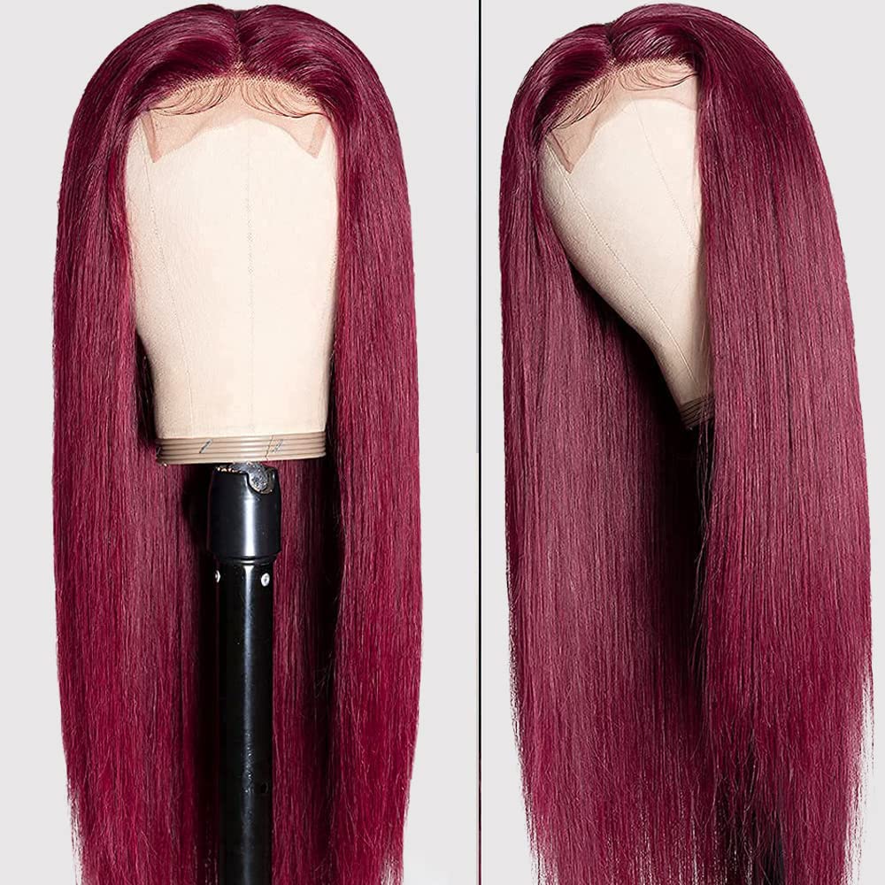99J Burgundy Straight Lace Front Wigs Human Hair 13x4 Red Colored Wigs for Black Women Brazilian Remy Hair Pre Plucked with Bleached Knots (16Inches 150Density)