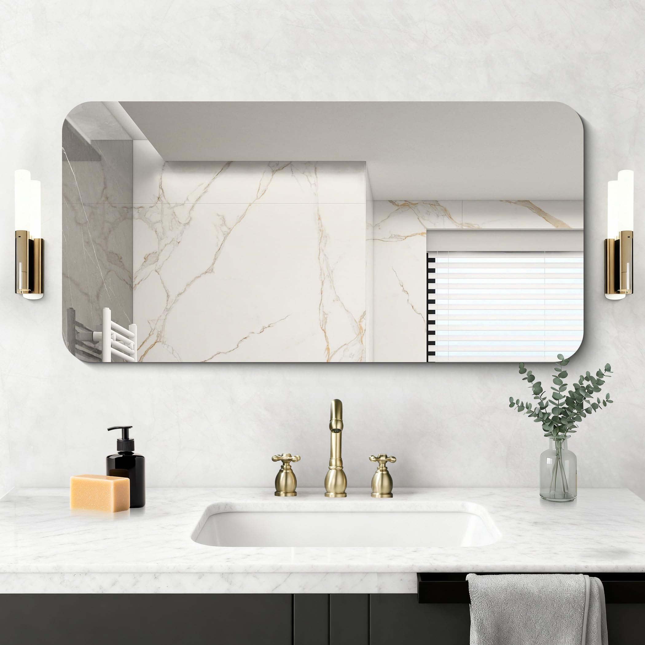 Miroir mural rectangulaire 50 x 100 cm sans cadre avec coins arrondis, miroir rectangulaire pour salle de bain, chambre à coucher, salon, à suspendre horizontalement ou verticalement