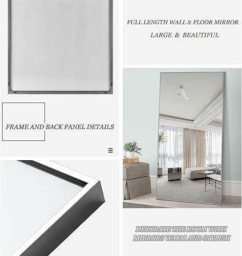 Miniatura 6 de Poshions Espejo grande de 71 x 24 pulgadas, espejo de cuerpo completo con soporte, espejo de pared con marco de aleación de aluminio fino gris para