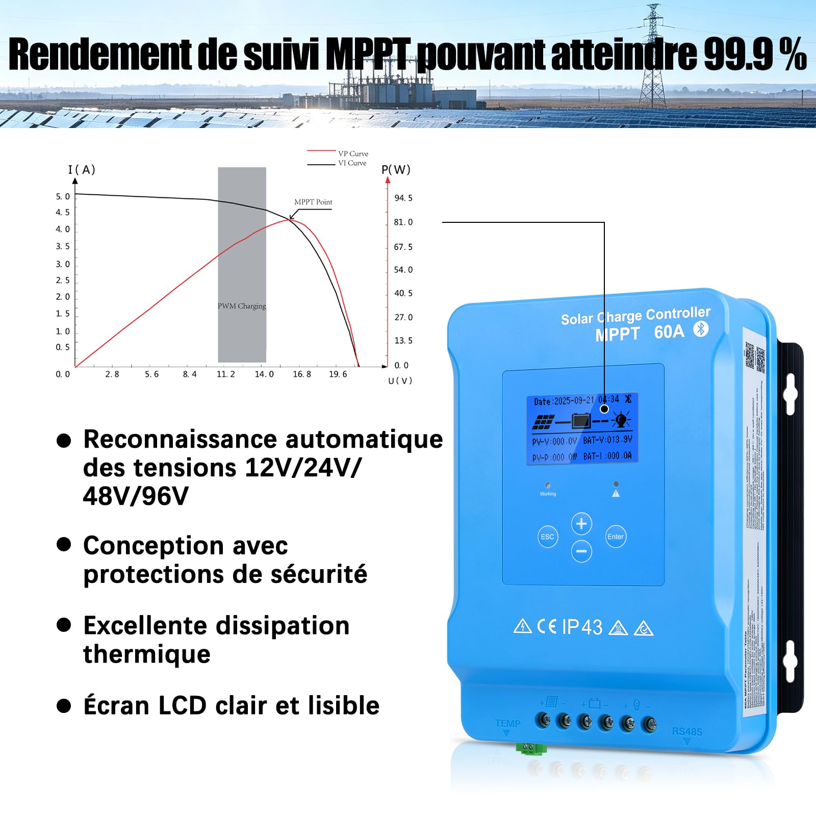 150V 60A Regulateur de Charge Solaire MPPT 12V24V48V96V Bluetooth Controleu