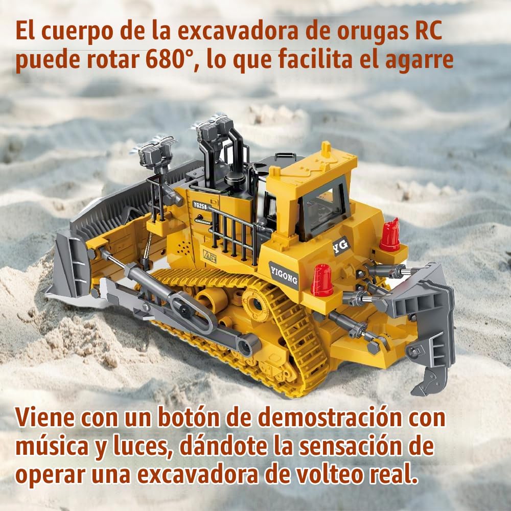 Bulldozer Teledirigido para Niños, Juego de Bulldozer de Metal, Coches de Juguete RC con Luces y Efectos de Sonido, Vehículos de Construcción de Juguete, Regalos para Niños y Niñas