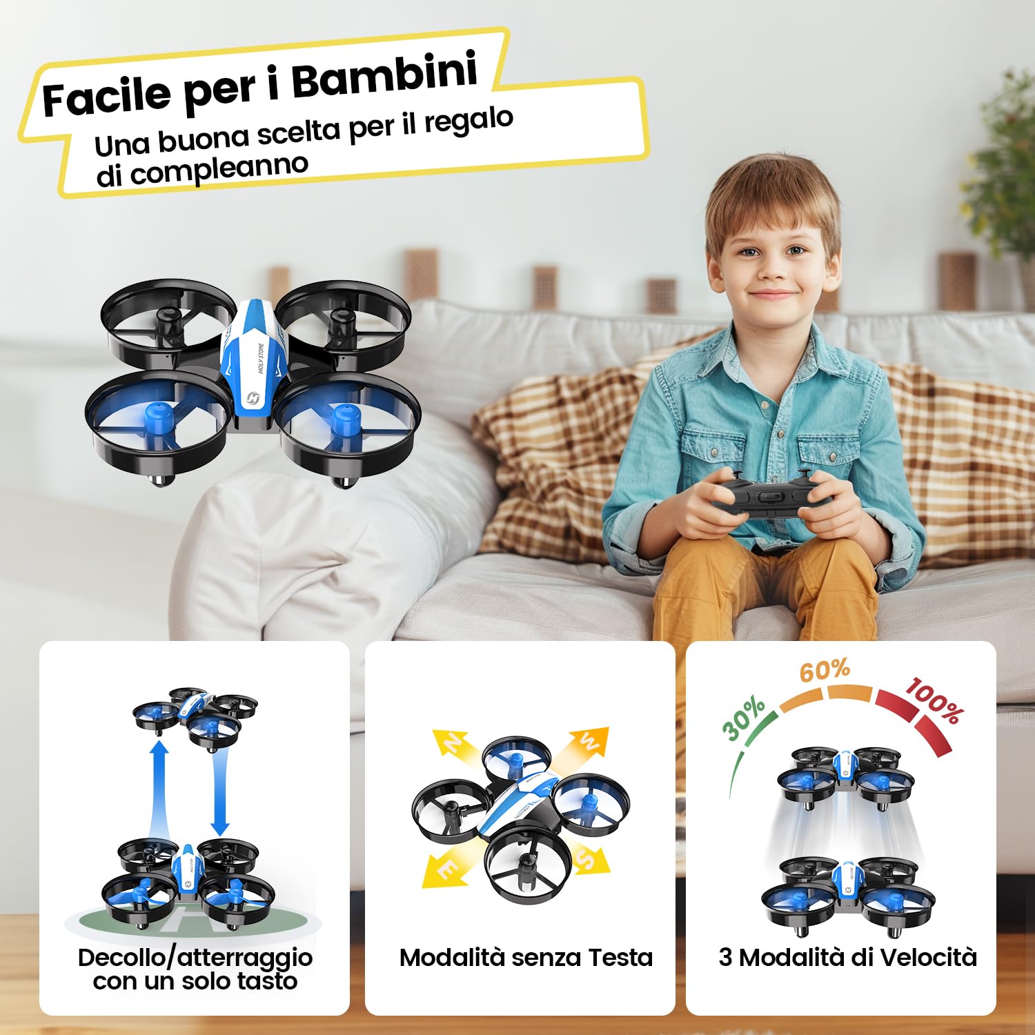 Holy Stone HS210 Mini Drone per Bambini e Principianti RC Nano Quadcopter Indoor Piccolo Elicottero con Hovering Automatico, 3D Flip e 3 Batterie, Grande Giocattolo Regalo per Ragazzi e Ragazze, Blu