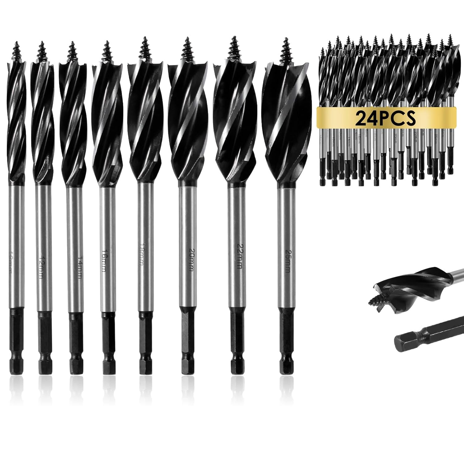 24PCS 6.5 inch Auger Drill Bit Set for Wood, 3/8″ to 1″ Wood Drill Bits Set with Quick Change 1/4" Hex Shank, Four Flute Self Feed Auger Bits for Hardwood, Softwood, Plywood and PVC (Black)
