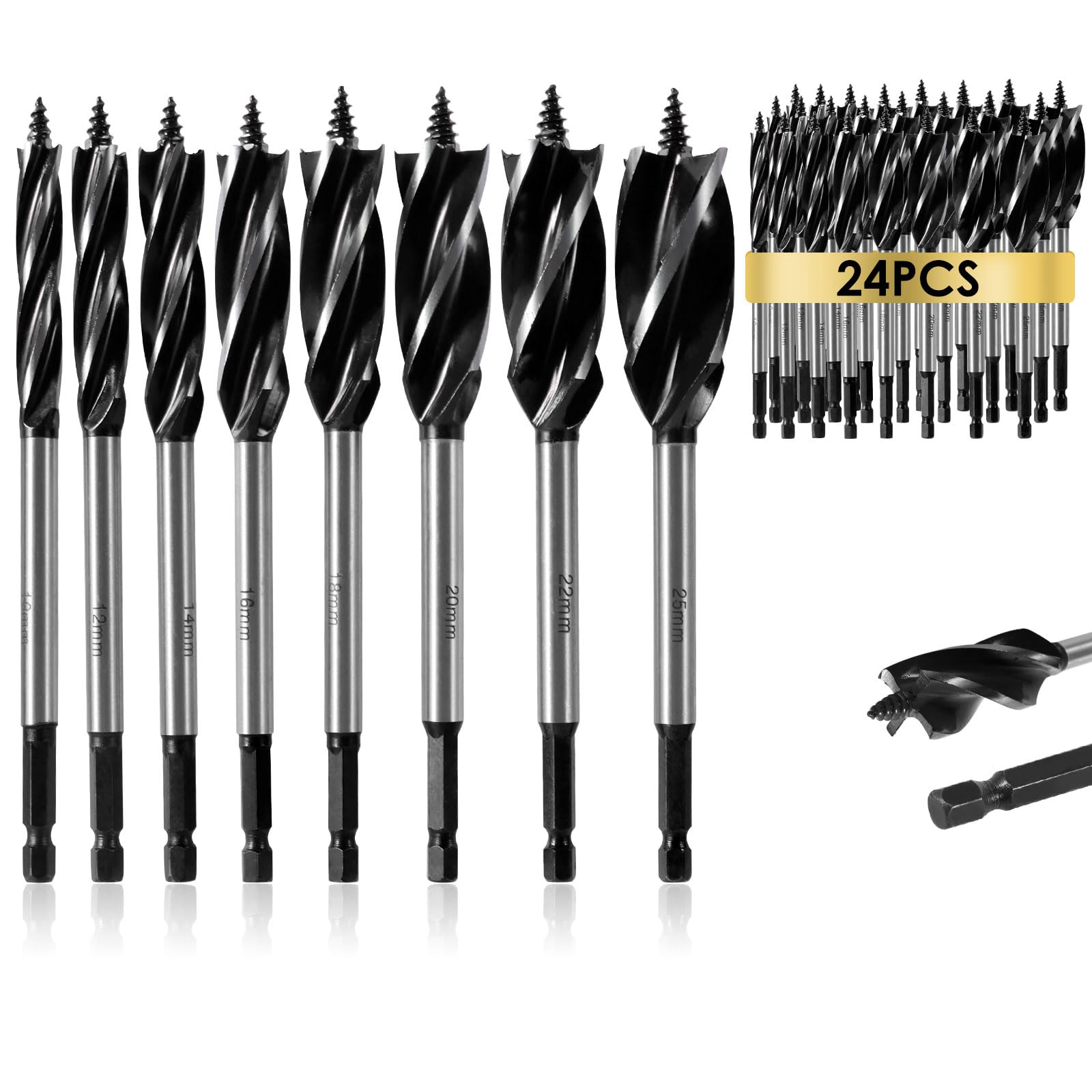 Juego de brocas de taladro de madera de 3/8/16/24 piezas, acero de alto carbono, 4 flautas, 10-25 mm, vástago hexagonal autorroscante, taladro de madera preciso para madera y plástico (negro, 24
