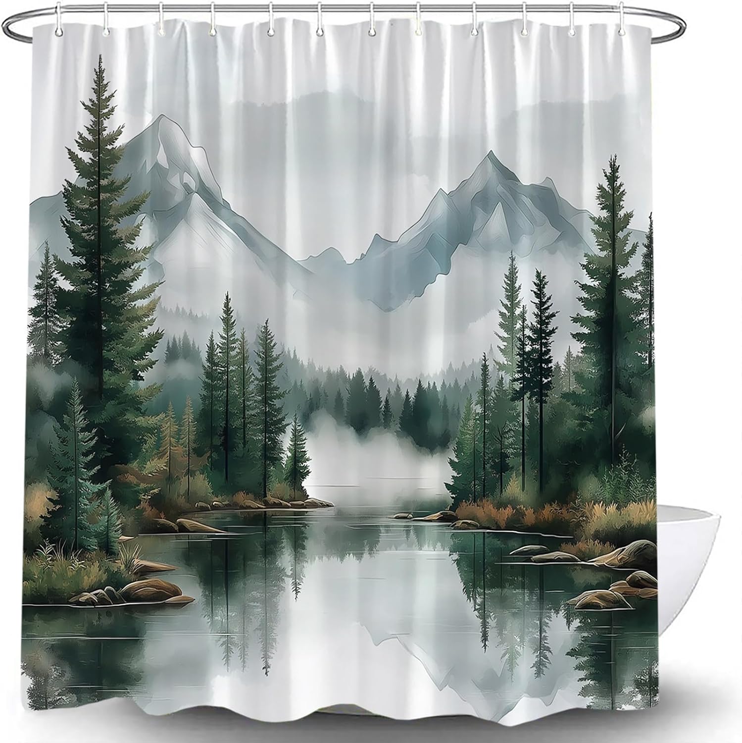Green Misty Forest Shower Curtain 71x94in-180x240cm Nature Rustic Woodland Mountain Foggy Pine Tree Watercolor Plant Bathroom Curtain, Waterproof Polyester Fabric Curtains with Hooks