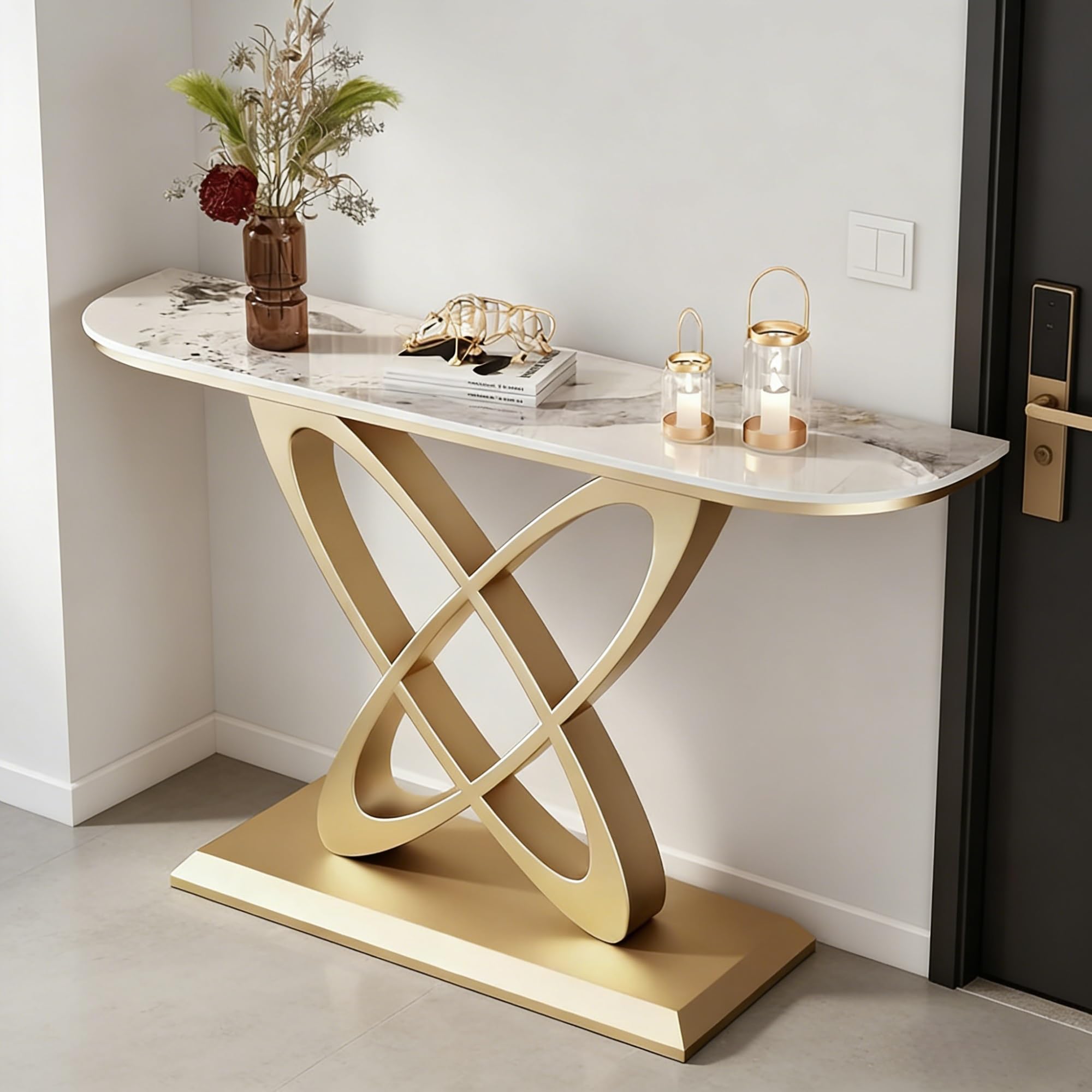 Modern Console Table 80cm Ultra-Narrow Stone Entryway Table With Metal Base Slim Sofa Table Behind Couch Luxury Porch Table & Hallway Accent Table For Entrance Living Room(M,59"/150CM)