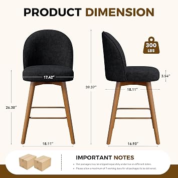 Modern Swivel Bar Stools Set of 2, Chic Upholstered Counter Height(26IN) Bar Chair with Back, Solid Wood Legs and Footrest, Comfortable Chenille Bar Stool for Kitchen Island, Charcoal Black