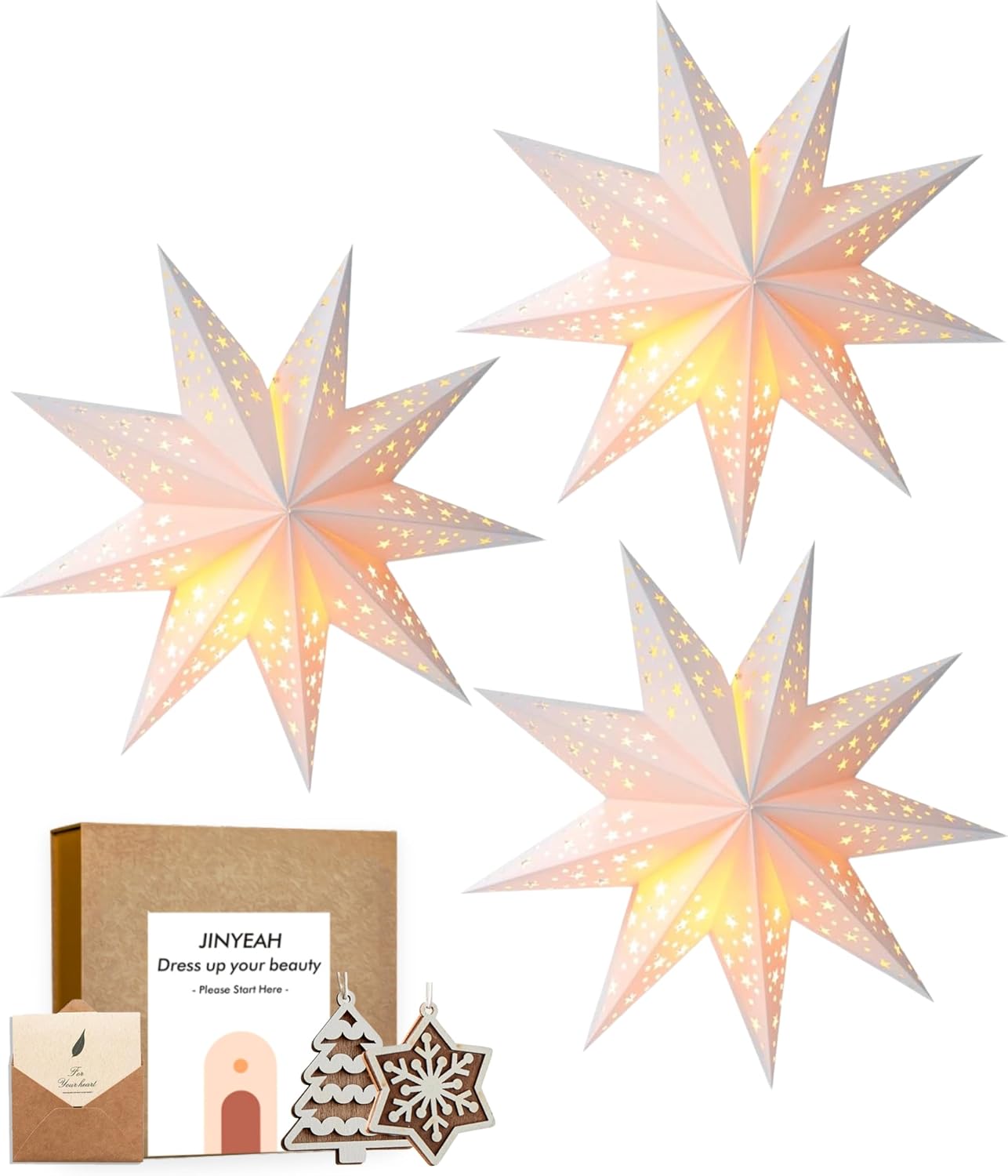 Paper Star Lantern 3PCS Christmas Paper Stars Lampshade 13.78 inch Hanging 3D Christmas Pentagram Lampshade 9 Points Lantern Foldable for Xmas Wedding decoración navideña