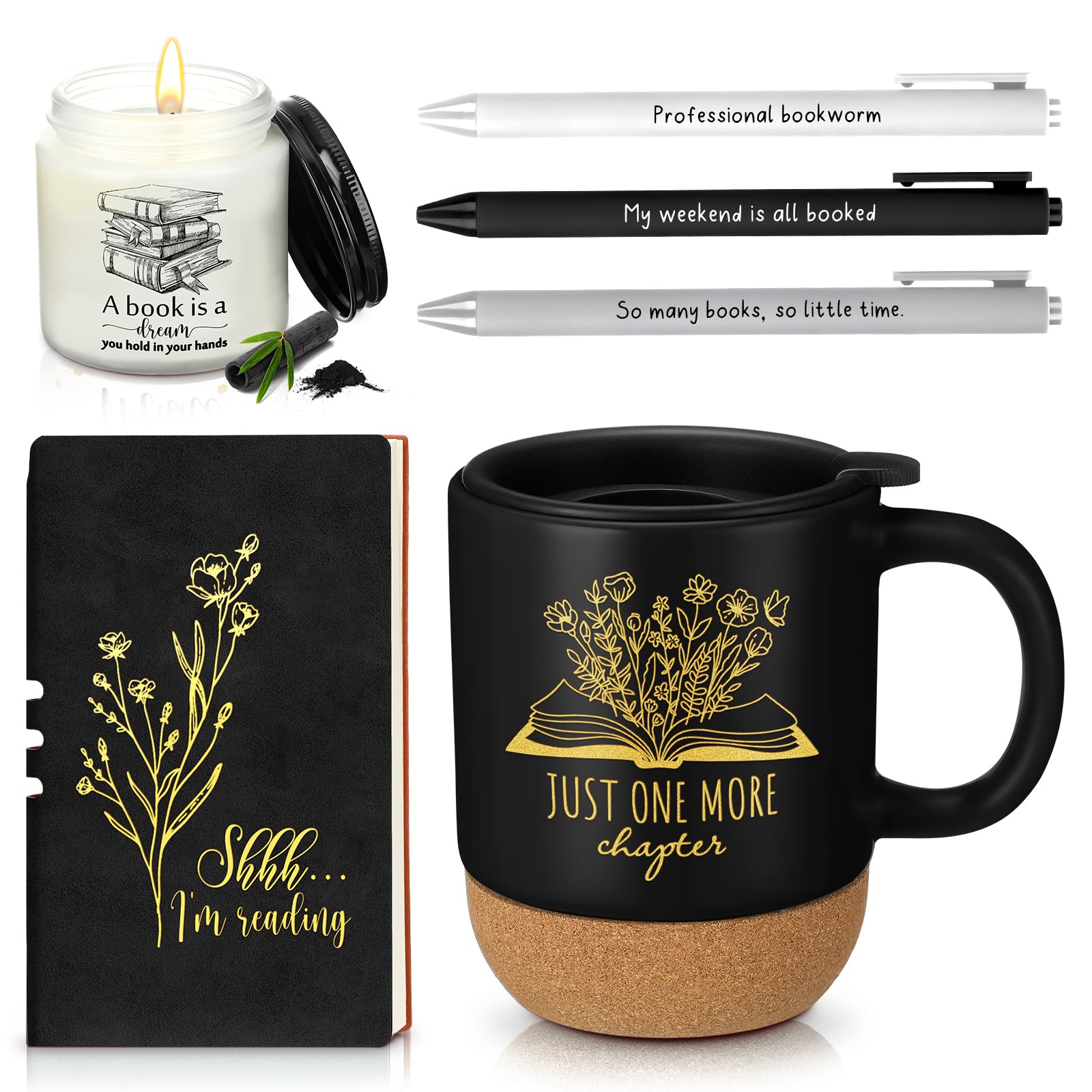 Baderke Regalos para amantes de los libros, tazas de cerámica con parte inferior de corcho, diario A6, cuaderno de velas, bolígrafos de lectura, regalos para mujeres y hombres, gusanos de libros, club