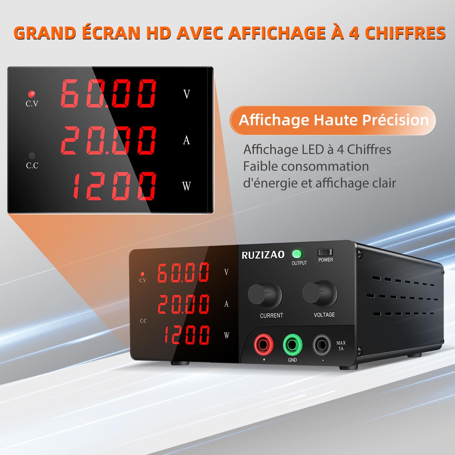 Alimentation de Laboratoire 60V 20A 1200W Haute Puissance Alimentation Stabilisée Réglable avec OUTPUT/Encodeur Bloc d'alimentation Laboratoire pour Automatisation/Laboratoire/Test de Batterie