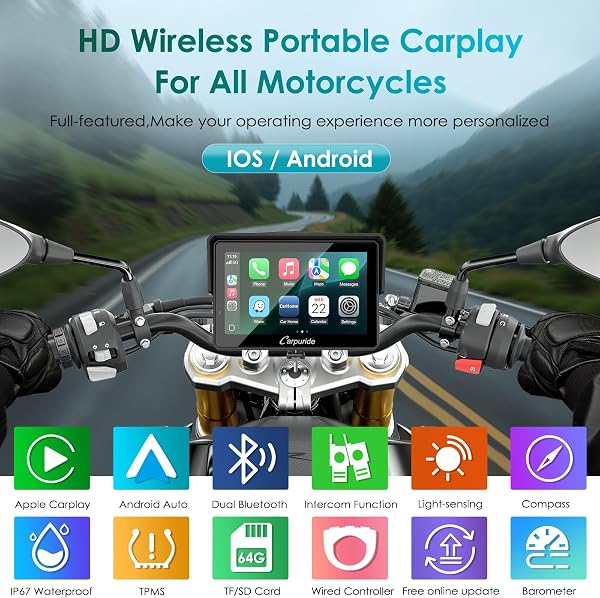 Carpuride W502S Pro - GPS inalámbrico para Motocicleta, Carplay/Android Auto, Pantalla táctil Impermeable de 5", con Soporte BM05, Bluetooth Trans, Mando a Distancia con Cable y navegación - 2
