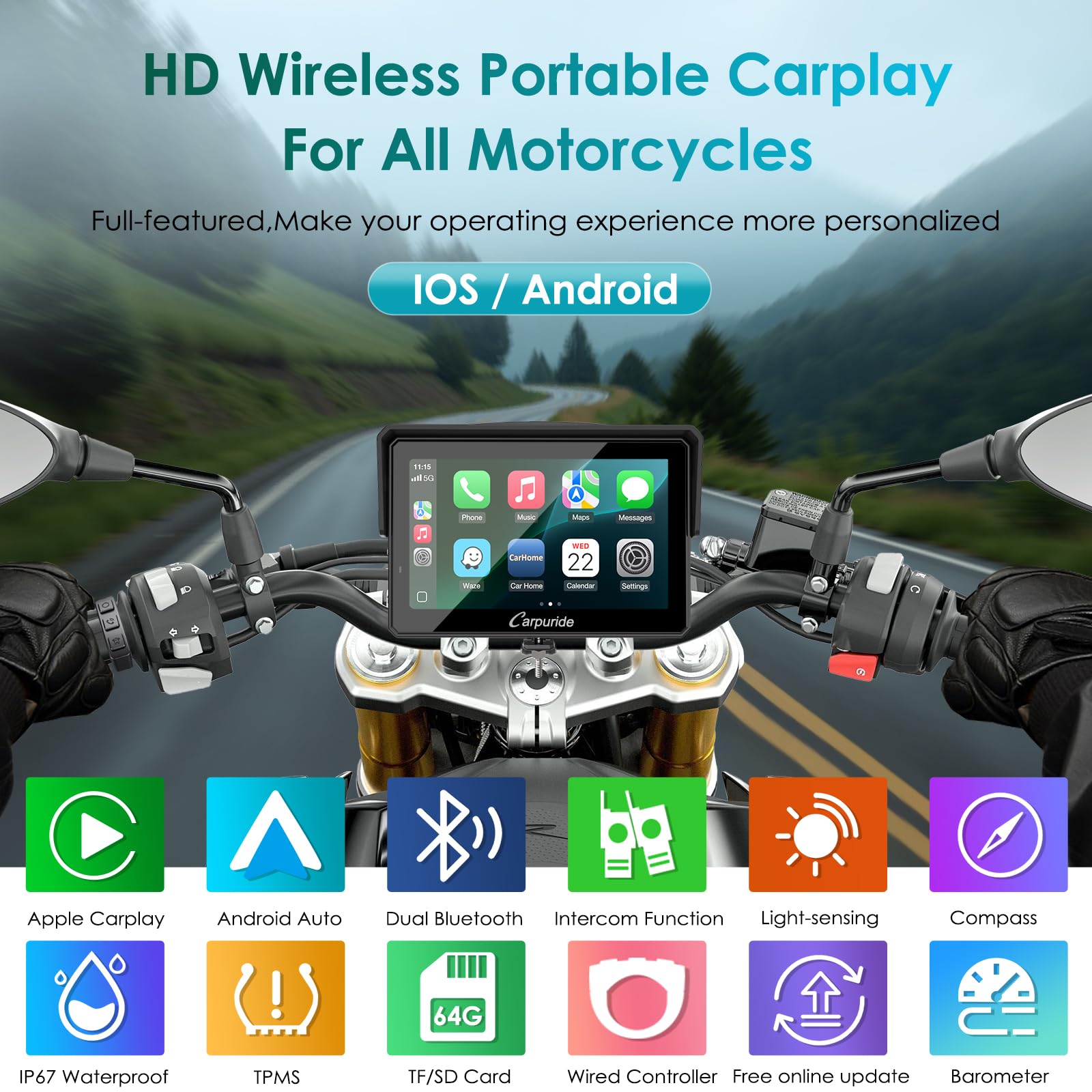 Carpuride W502S Pro - GPS inalámbrico para Motocicleta, Carplay/Android Auto, Pantalla táctil Impermeable de 5", con Soporte BM05, Bluetooth Trans, Mando a Distancia con Cable y navegación - 2