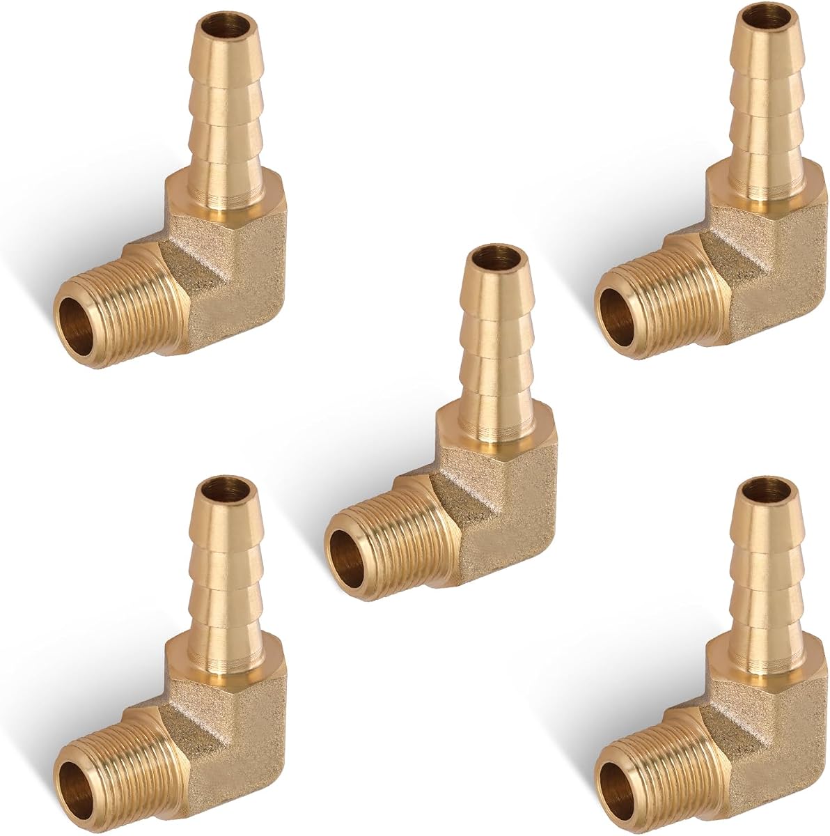 5PCS 1/4" Barb x 1/8" NPT Male 90 Degree Elbow, Brass Hose Barb Fitting | 90° Barb to NPT Male Elbow Adapter, Brass Fittings for Compressor & Oil/Air/Fuel/Water Hoses, Leak-Proof, Corrosion-Resistant