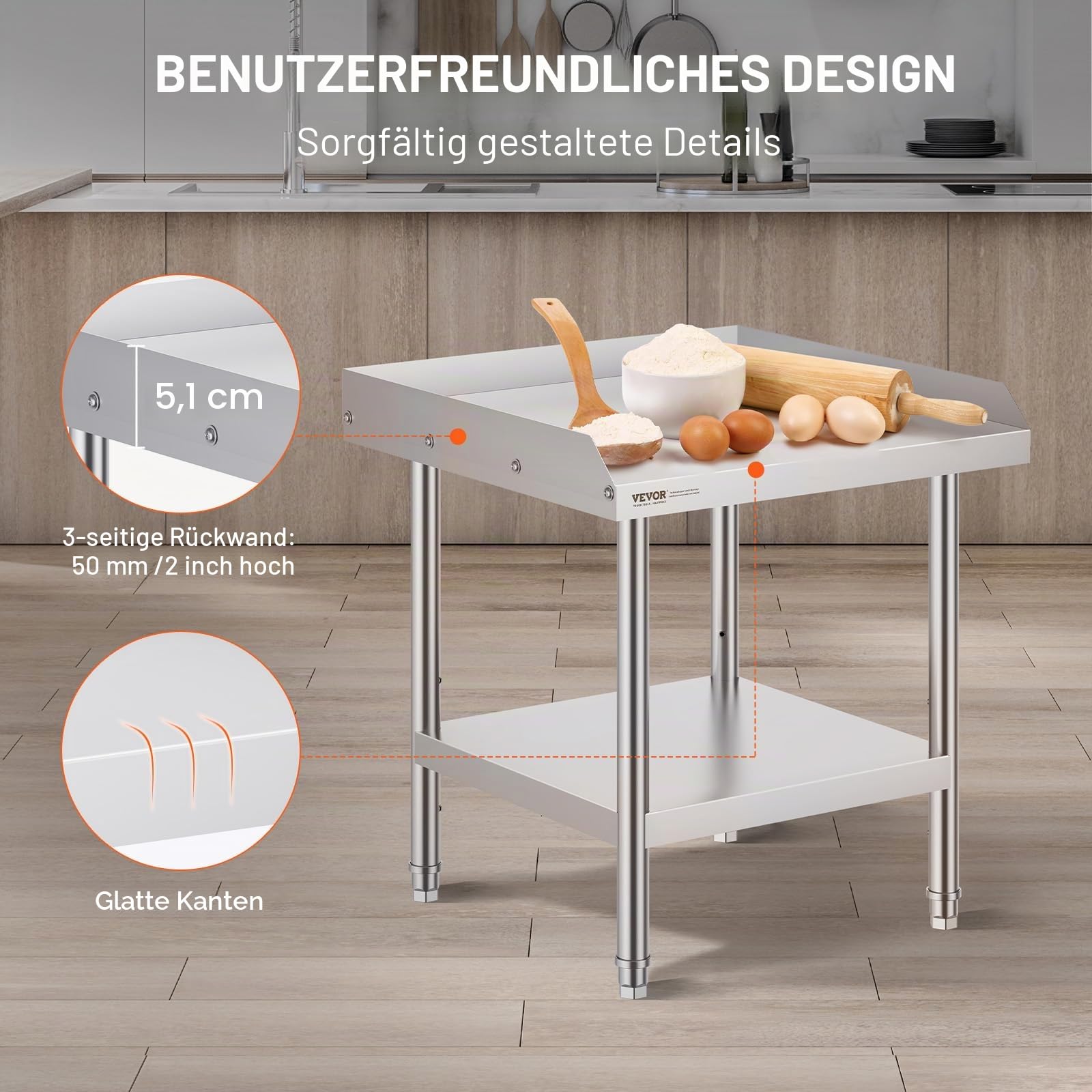 VEVOR Arbeitstisch Edelstahl, gewerblicher Arbeitstisch zur Lebensmittelzubereitung, 3-seitiger Spritzschutz, 61 x 61 x 66 cm