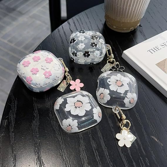 Samsung Galaxy Buds FEケース チェーン付き、クリア 花柄 耐衝撃保護カバー Galaxy Buds 2 Pro/2/Pro/live用 ブラック