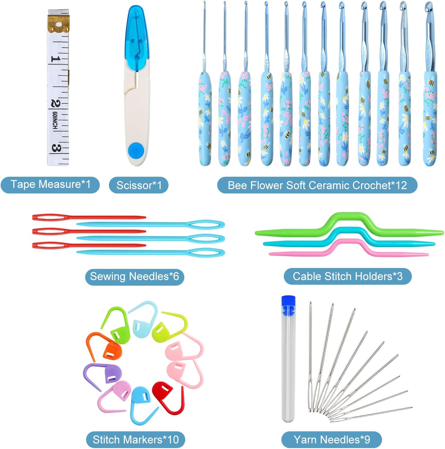 Looen Crochet Hooks Set, 12 Sizes 2.0mm(B)-8.0mm(N) Ergonomic Handle for Arthritic Hands, Soft Rubber Grip Knitting Needles Kit for Crochet Beginners, Knitting Enthusiasts (Sky Blue)