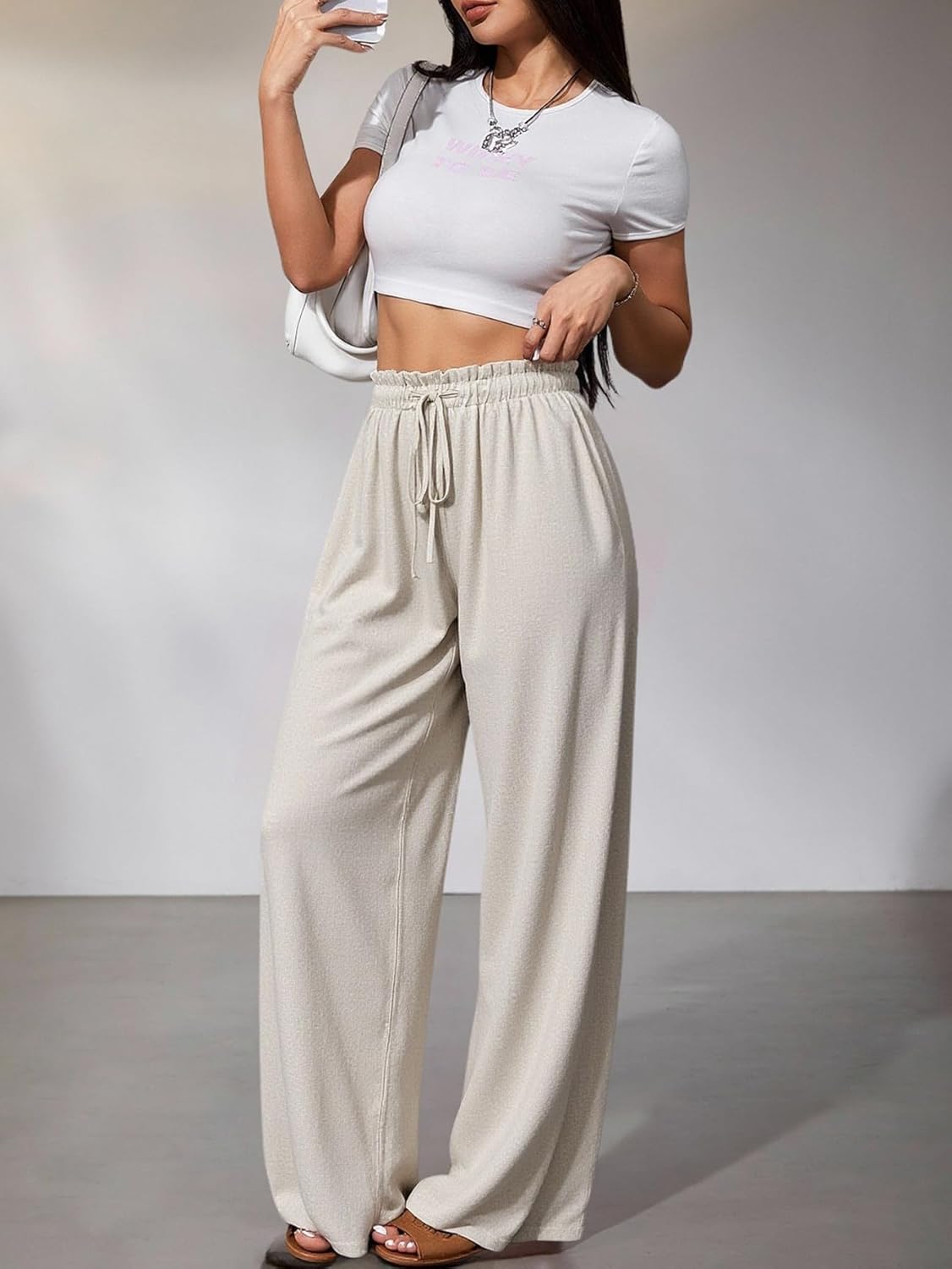 Women's Plus Size Wide Leg Palazzo Pants Dressy Casual Drawstring Flowy Trousers with Pockets