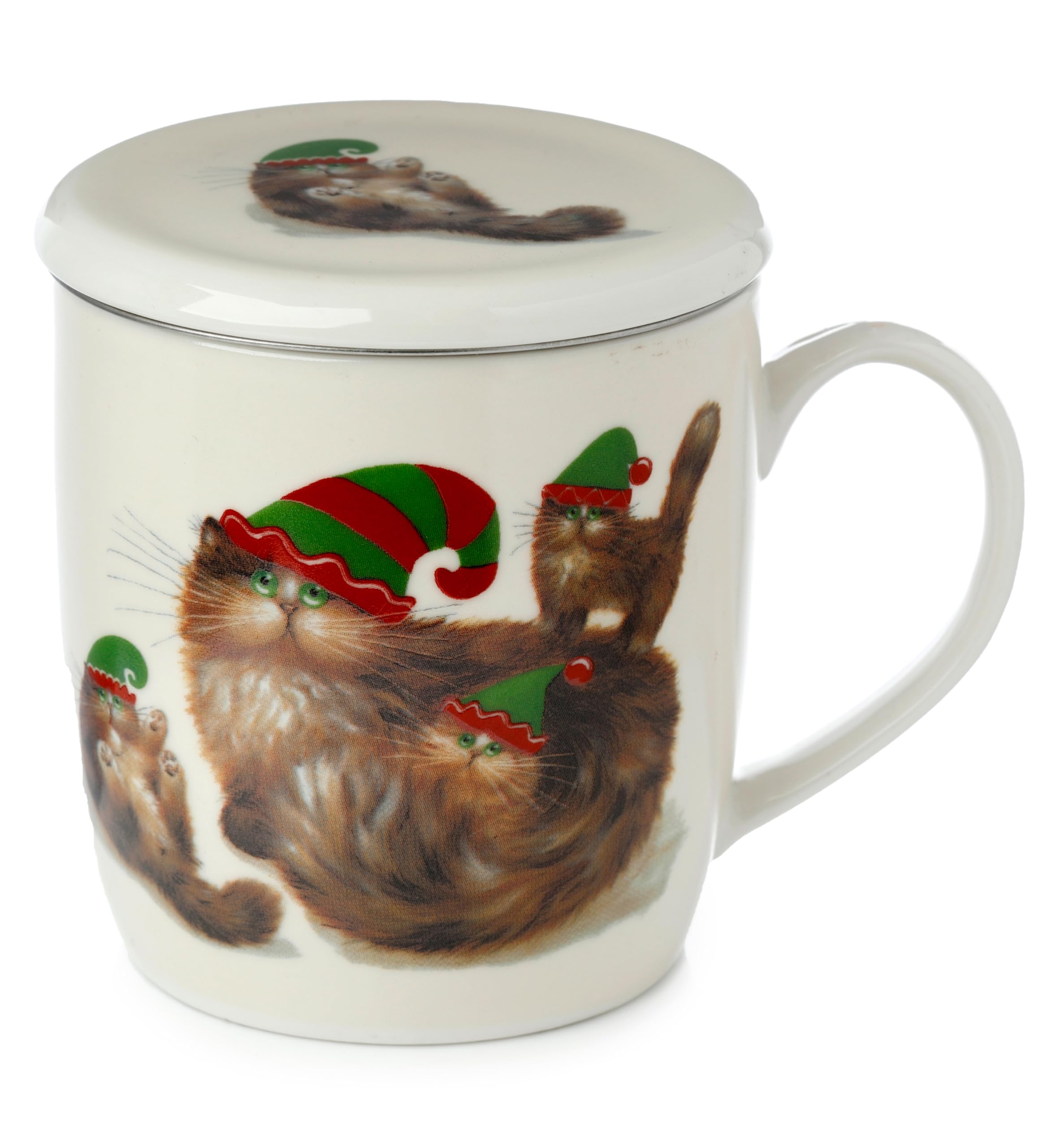 Puckator Men's Multicolour Kim Haskins Christmas Elf Cats Porcelain Infuser Tea Coffee Mug Set With Lid - Funny Home Accessories - Cute Gifts For Girlfriend - Large Mugs For Wo Hot Drinks - Cute Cups Presents