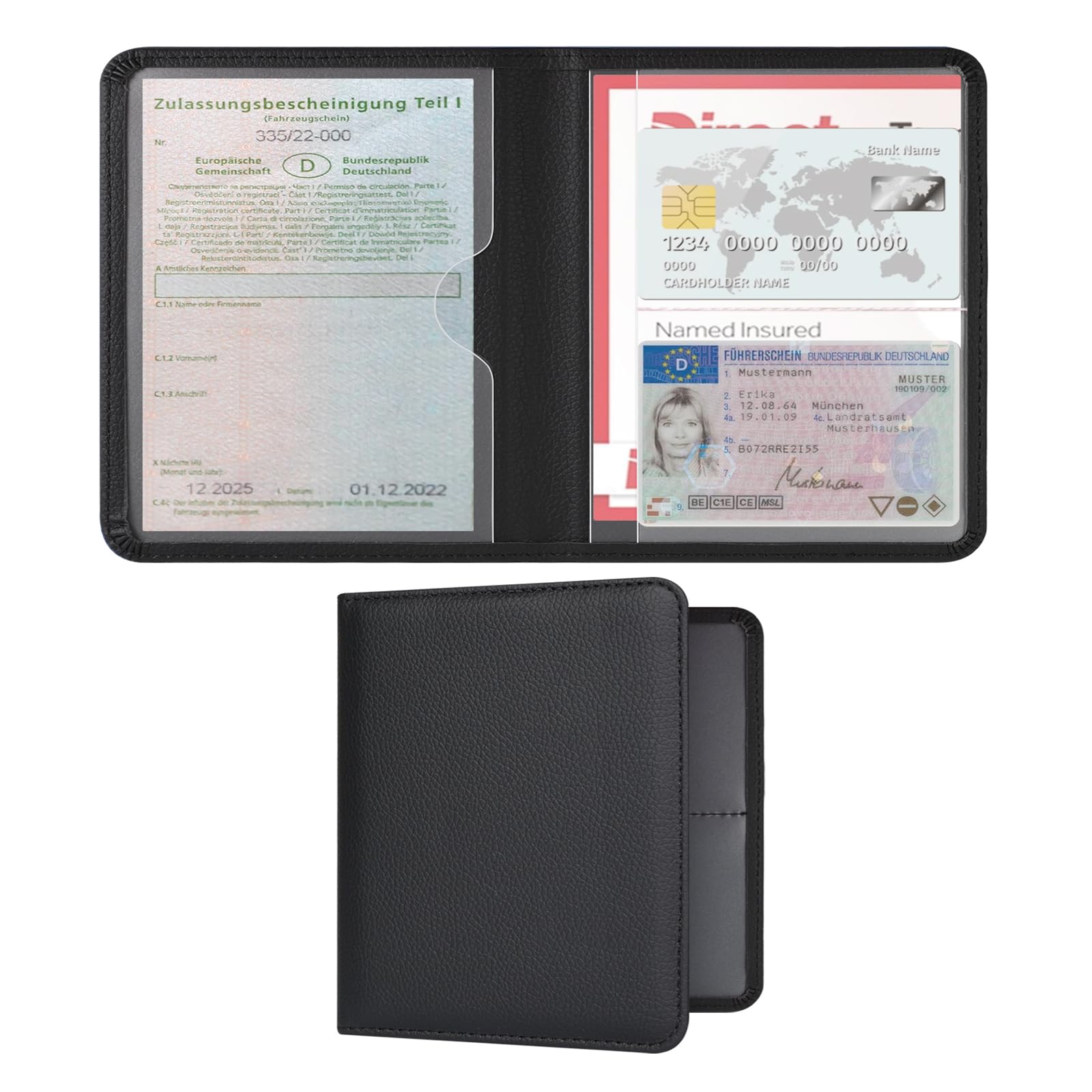 RSAquar Porta Documentos para Coche – Funda Compacta de PU para Registro del Vehículo, Seguro y Permiso de Conducir – Organizador para Guantera (Negro)