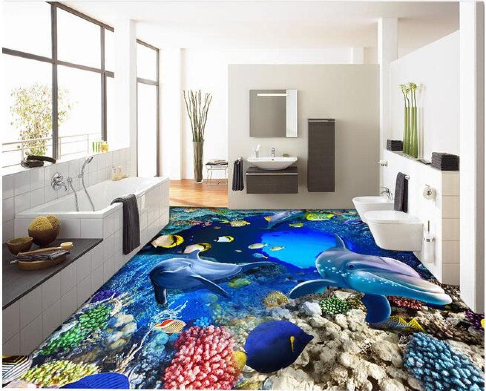 Wall Mural Wallpaper 47 x 32 inch (Width x Height) 3D Flooring Custom Custom PVC 3D Bathroom Flooring Material Underwater World cave Coral Large Drawing 3D murals Wallpaper