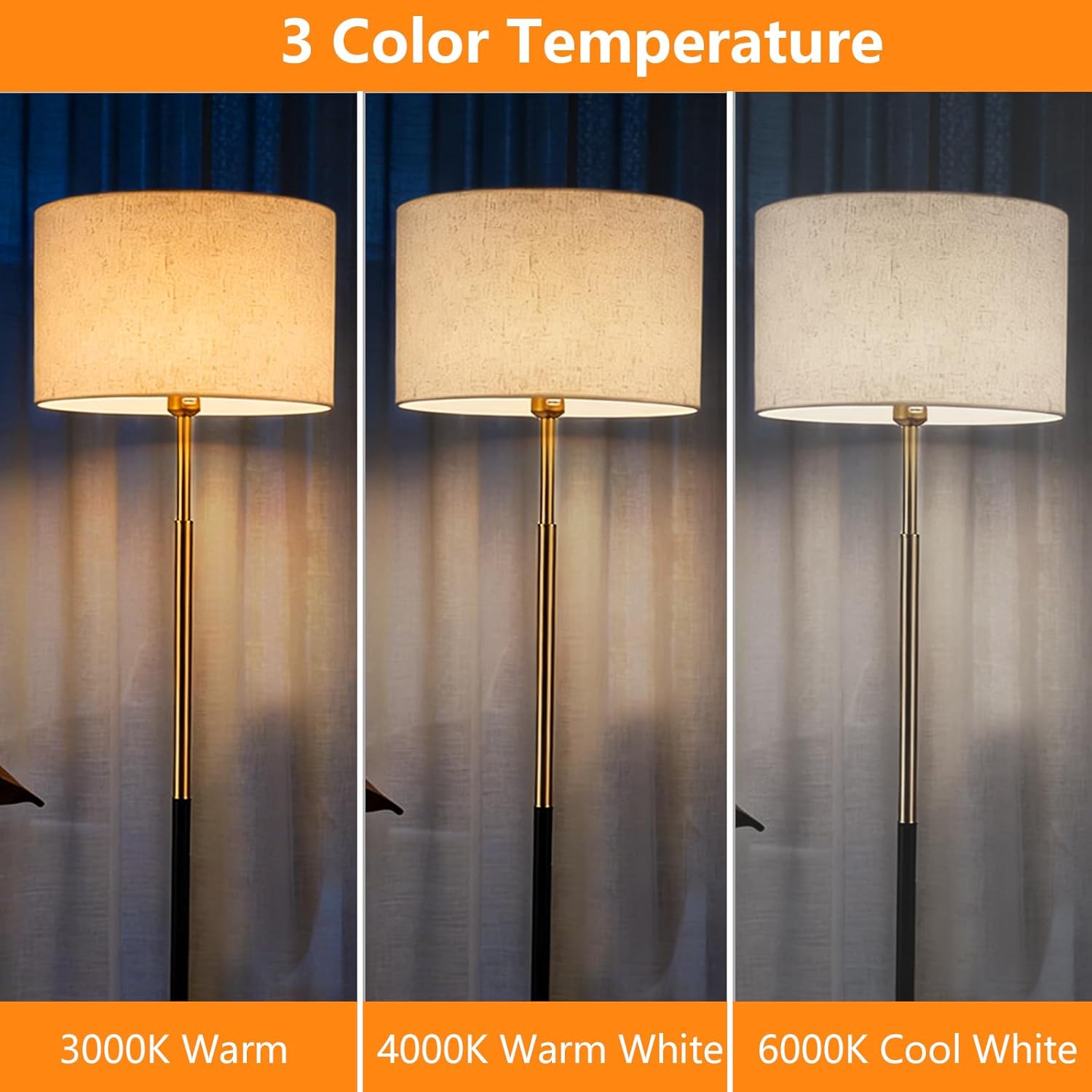 Mid Century Modern Floor Lamp for Living Room Tall Standing Lamp 3 Color Temperatures Corner Floor Lamps with Linen Shade & Marble Base Reading Light for Bedroom Office Lighting
