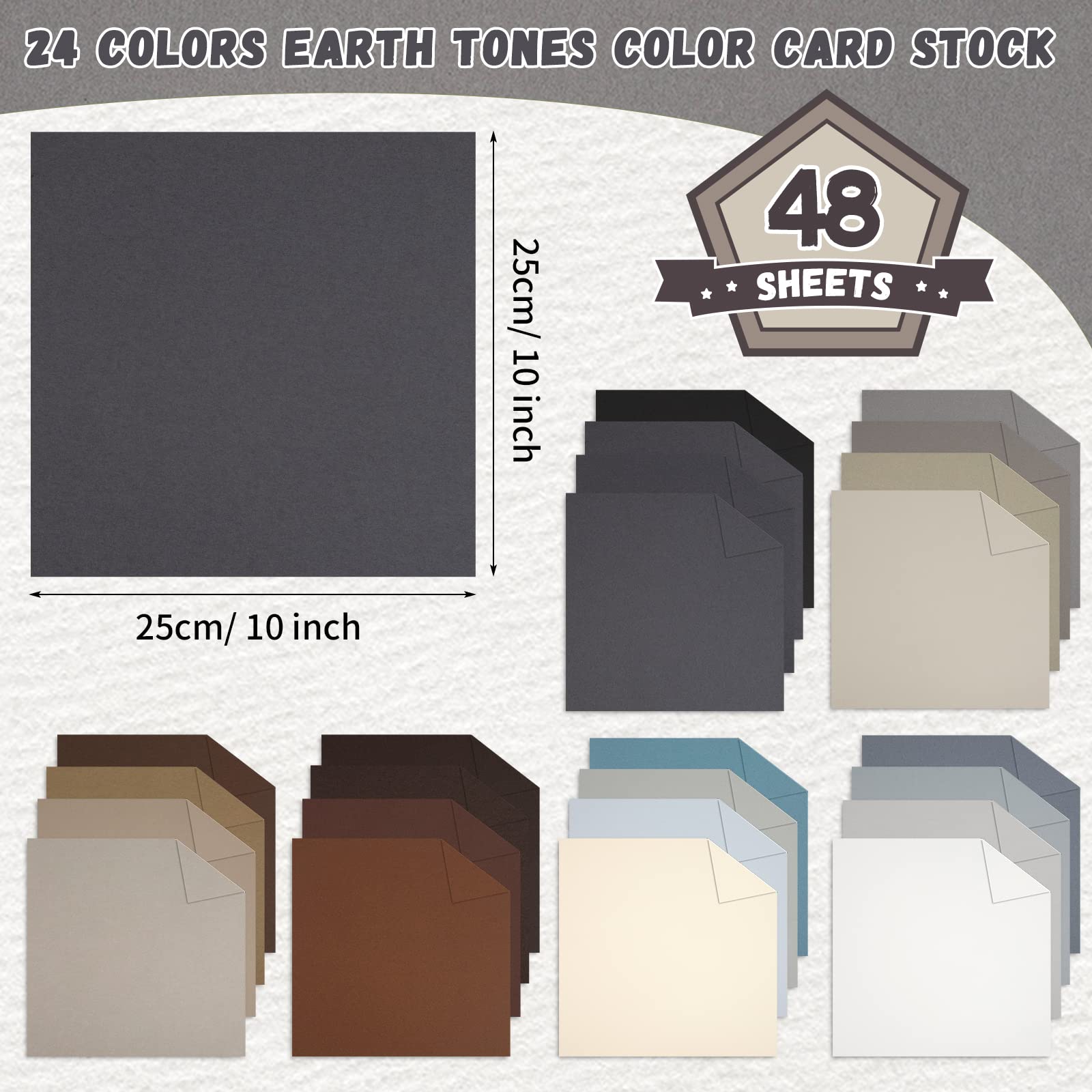 48 Blatt Erdtöne, farbiges Kartonpapier, 25,4 x 25,4 cm, 250 g/m², 41,7 kg, doppelt bedrucktes Scrapbook, farbiges Papier, 24 verschiedene Farben, schwerer Karton für Bastelarbeiten, Scrapbooking,