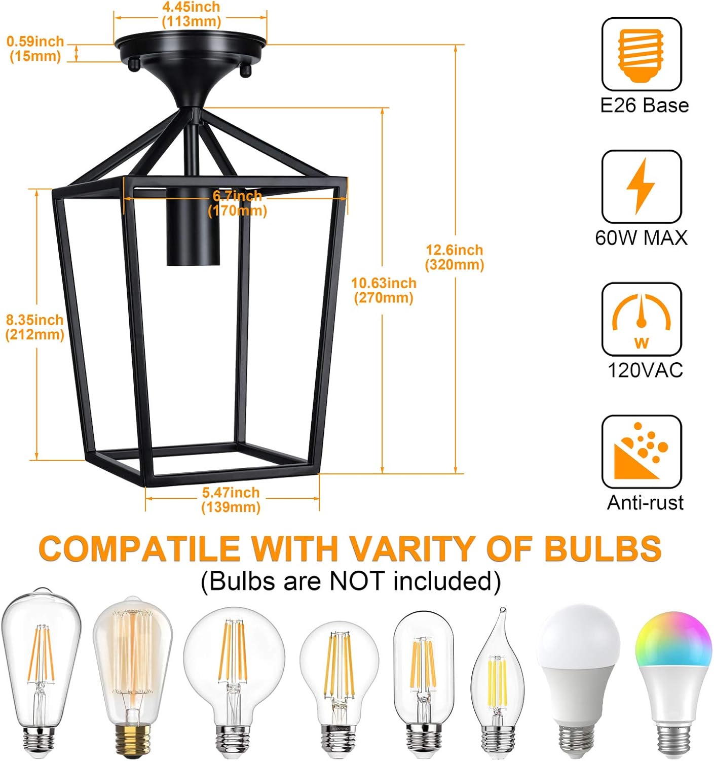 Semi-Flush Mount Ceiling Lights, Black Industrial Ceiling Light Fixtures, E26 Base Farmhouse Lighting for Porch Hallway Stairway Garage Laundry Room, 2 Packs - - 