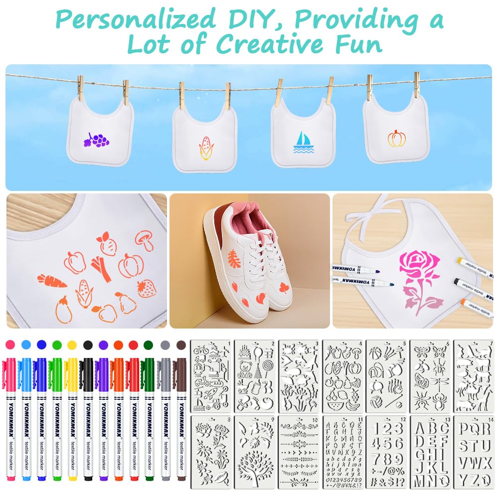 Vicloon Baberos de Bebé para Pintar, 12 Baberos Blancos Impermeables de Algodón con 12 Bolígrafos Textiles y 14 Plantillas, DIY Creativo para Bebé, Regalos para Baby Shower (20 x 18 cm)