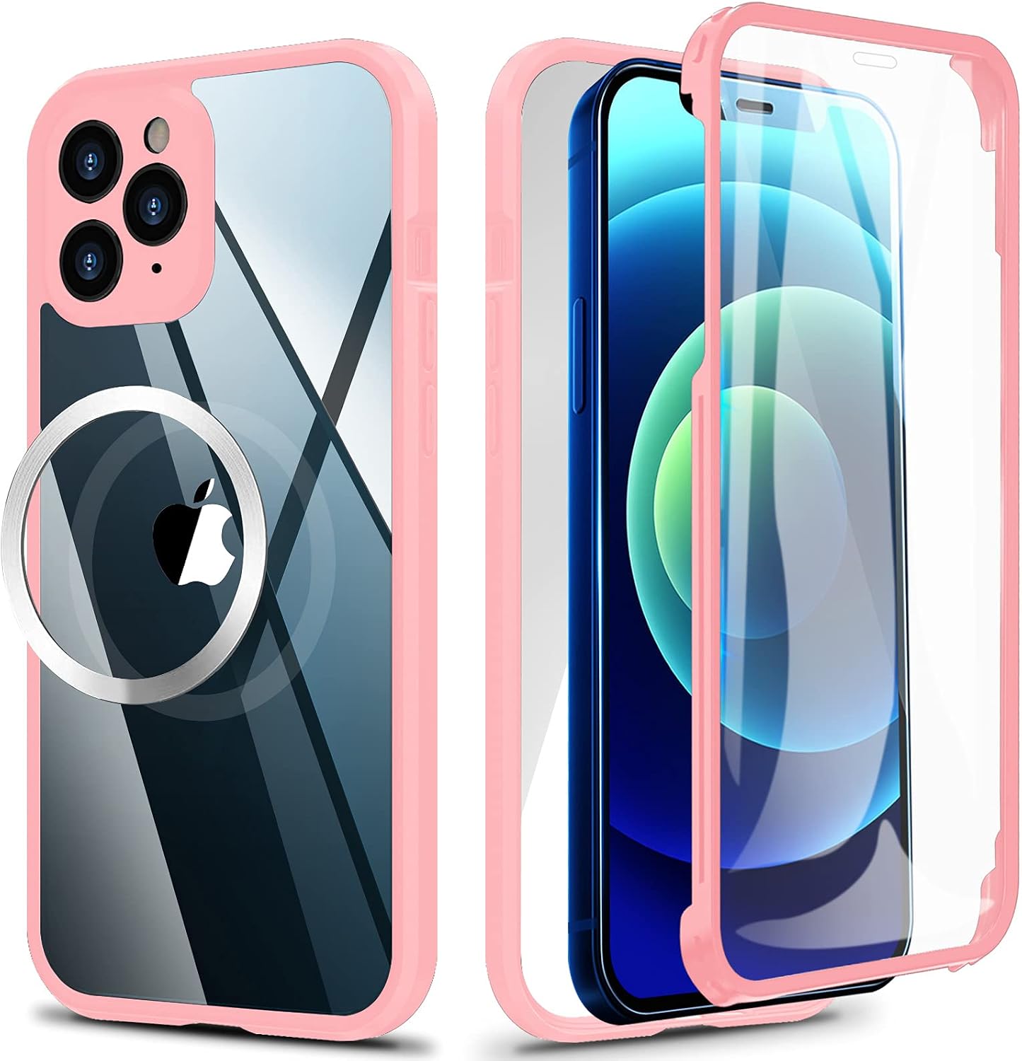 Full Body Case Designed for iPhone 11 Pro Max, Double Sided Buckle/Tempered Glass Case with Built-in Screen Protector, Shockproof Bumper Case for iPhone 11 Pro Max 6.5" Support Magsafe Charge - Pink