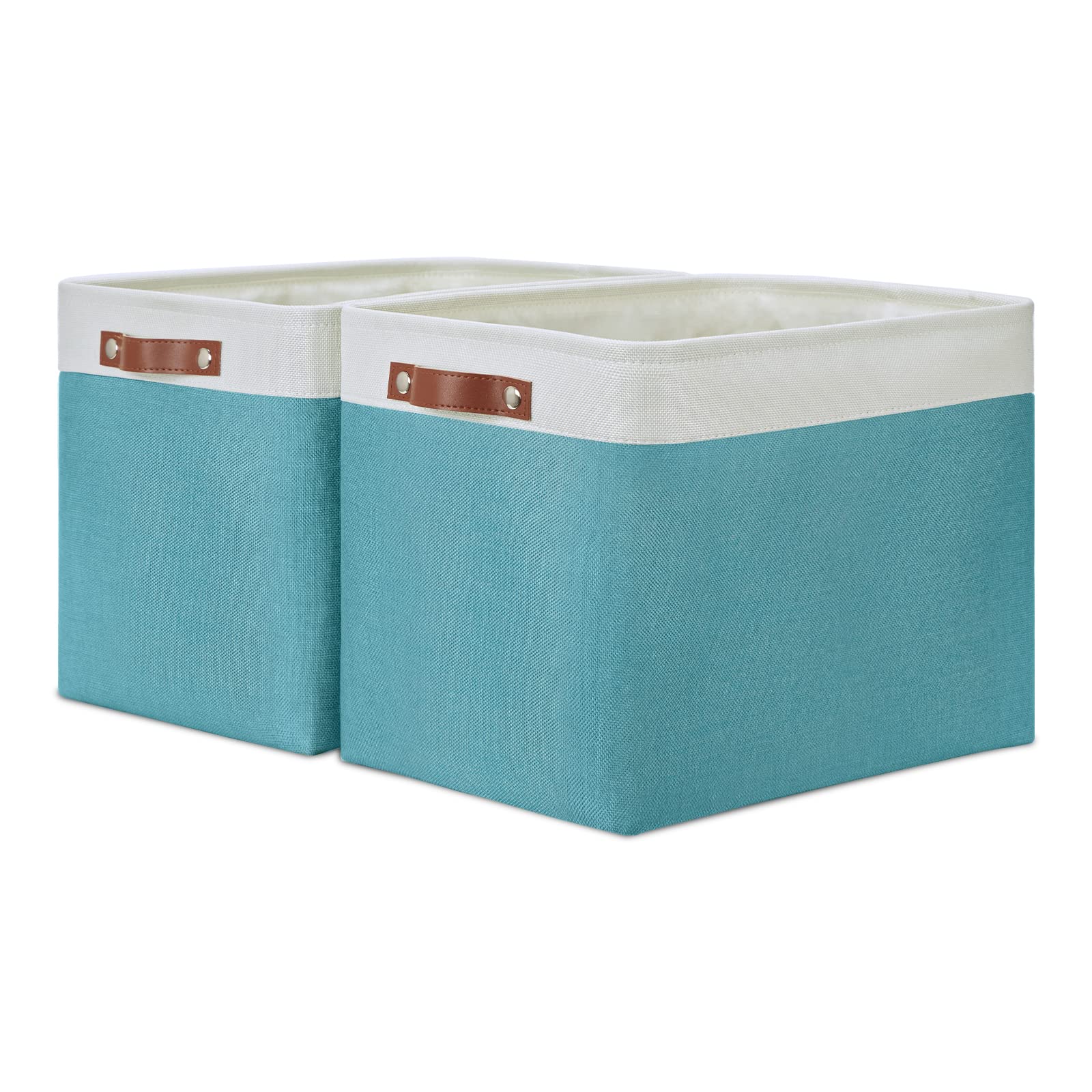 DULLEMELO Large Closet Storage Baskets Canvas Storage Baskets for Organizing 2 Pack Collapsible Home Organizer With Handles (White&Teal)