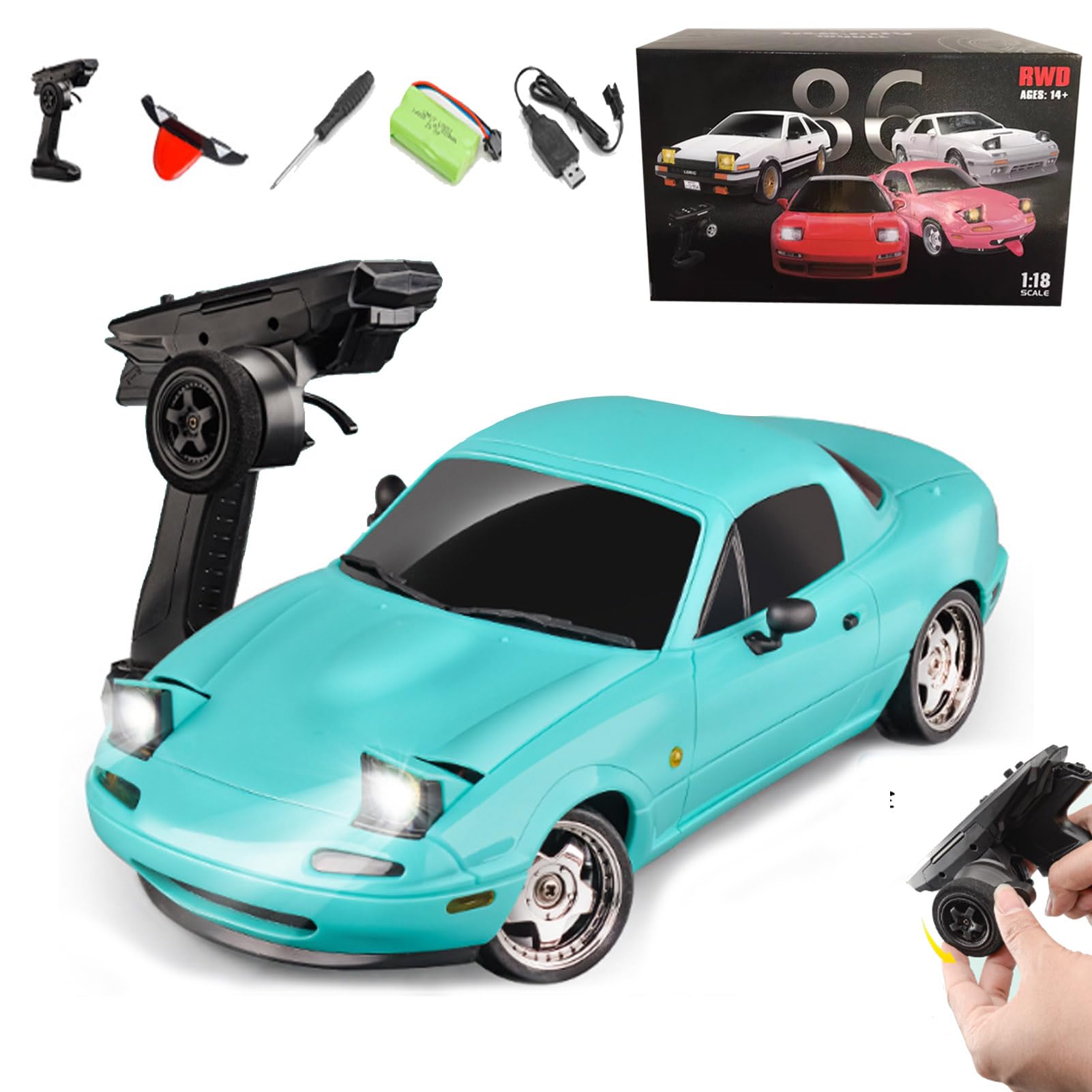 BlinkBuddy 1:18 Pro Drift RC Car, 2025 New BlinkBuddy Drift RC Car, 2.4GHz MX-5 RC Drift Car with Gyroscope, Electric 4WD High Speed RC Racing Car with 2 Rechargeable Batteries (Blue)