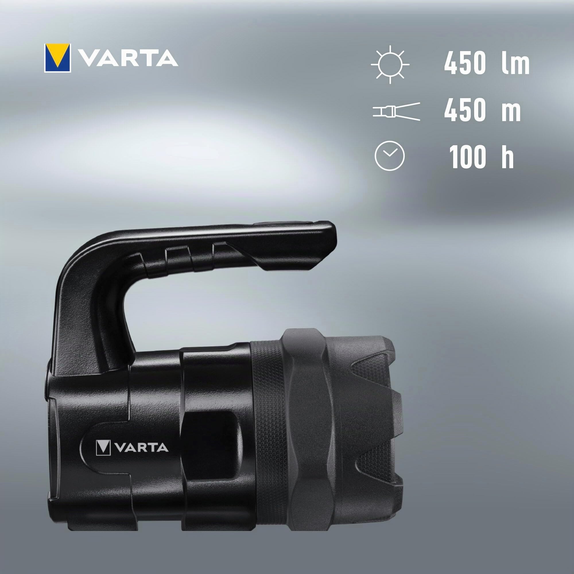 VARTA Lampe de Travail LED incl. 6x piles AA, Indestructible BL20 Pro, lumière de chantier, 2 modes d'éclairage, torche d'atelier robuste, absorbe les chocs, résistante aux éclaboussures & poussière