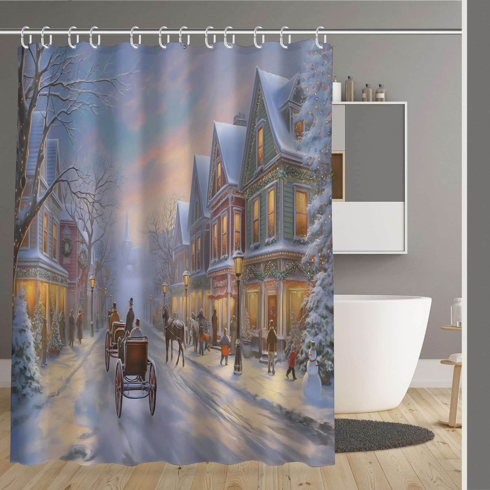 Rideau de salle de bain Rue de Noël pour créer une ambiance hivernale magique