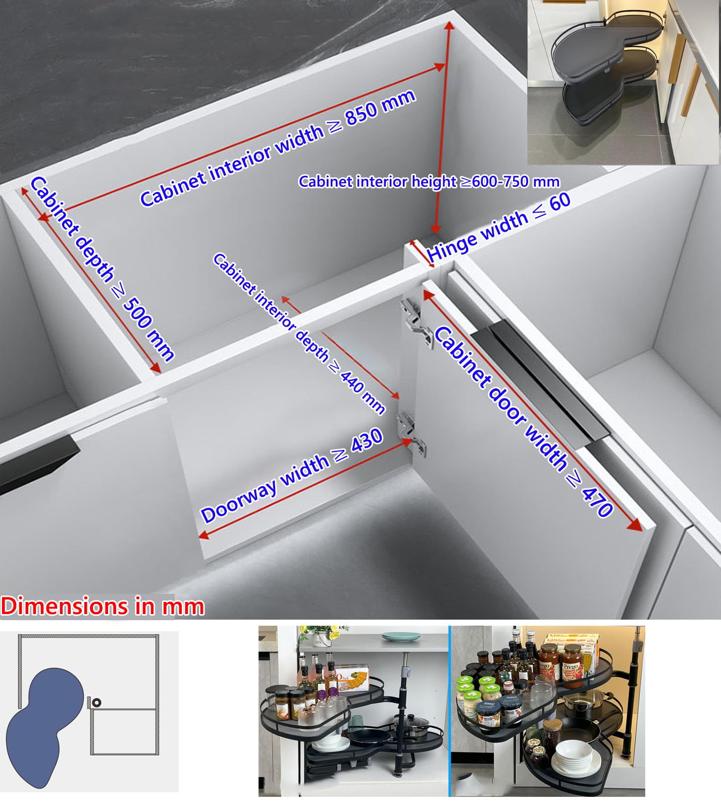 Organizador extraíble para Esquina ciega de gabinete de Cocina, Armario de Esquina con 2 estantes giratorios,Bandeja de Gabinete de Esquina Ciega, con Cesta extraíble amortiguada