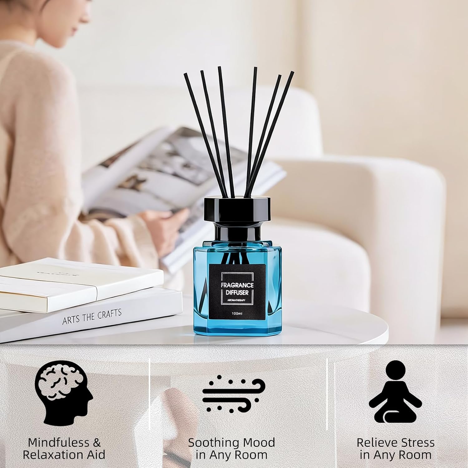 Reed Diffuser Set - 3.38 fl oz - Ebony Sandalwood Scent Diffuser with 5 Sticks - Long Lasting Home Fragrance - Air Freshener for Shelf Bathroom Decor Room Decor Aesthetic - Office Desk Accessories