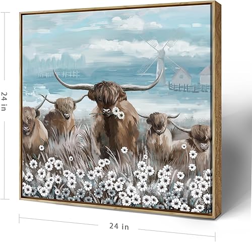 Vista 44 de Lienzo decorativo para pared, baño, estilo bohemio, costero, granja, vaca, montaña, flor, ilustración, obra de arte floral, paisaje rústico de Arte