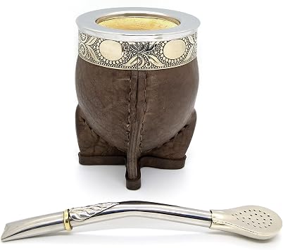 Set Imperial Mate Cup and Stainless Straw whit Parrot Beak, Easy Cleaning and Reusable, Handmade from Leather, Precise Terminations and Seamless Stitches, 4 Leg Base - Brown